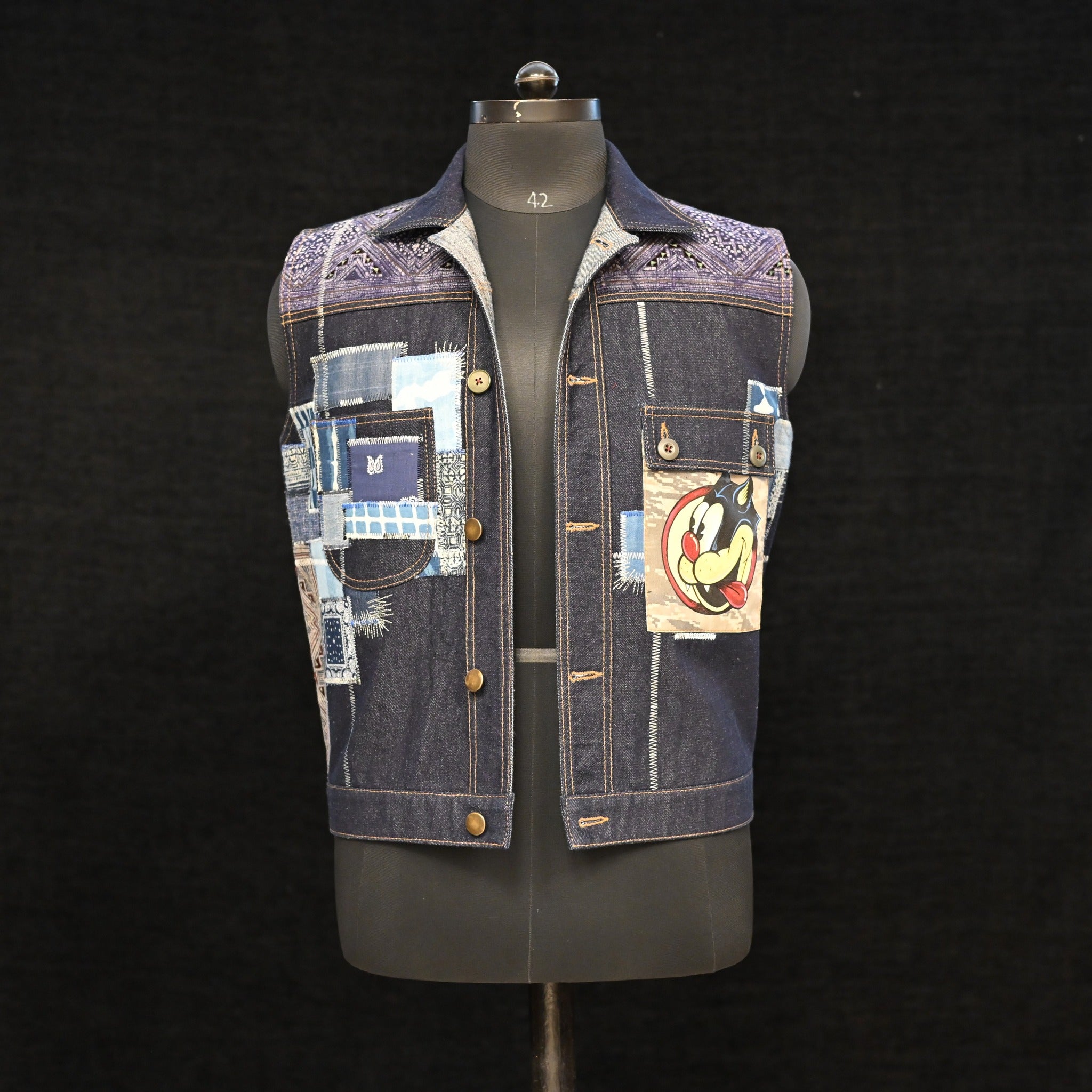 AK/PR/LOT1/VEST/007 Madcat Patch Pocket Denim Vest (Japan Selv) with Sapa Yoke - INDIGO
