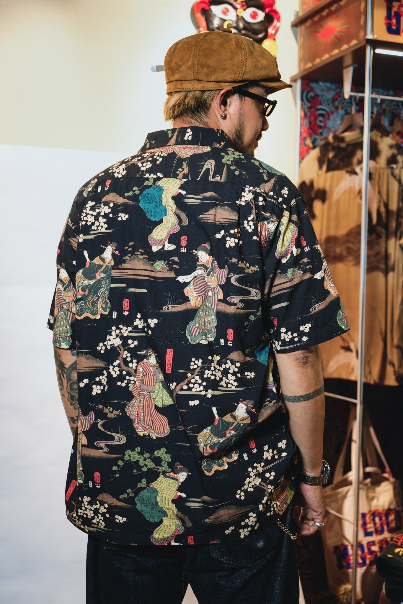 41169 × Utagawa Kuniyoshi COTTON RAYON ALOHA SHIRT (Sumida River Morning Mist) - BLACK