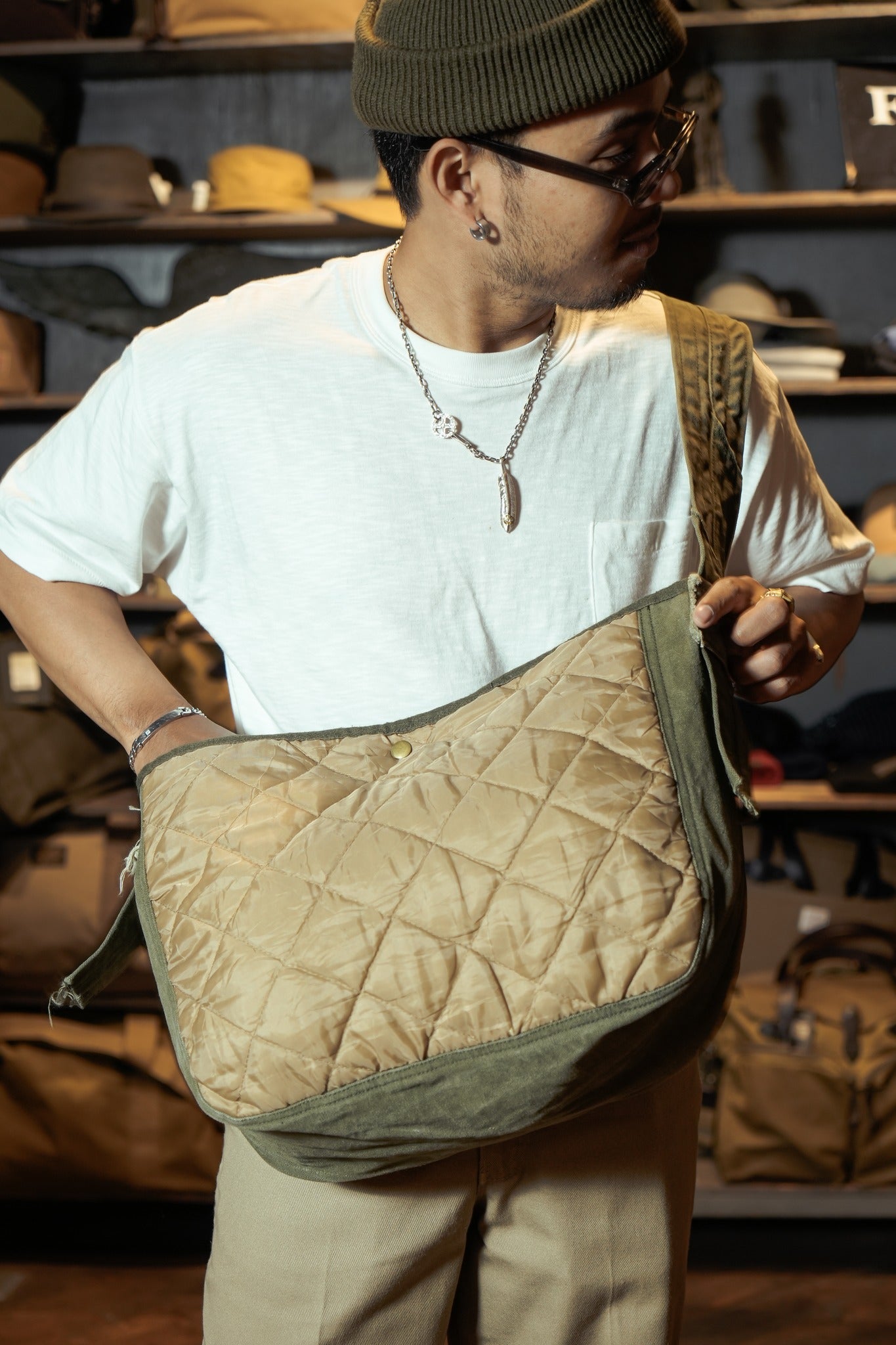 VINTAGE MILITARY LINNER MIX FABRIC REMAKE NEWSPAPER BAG - VINTAGE
