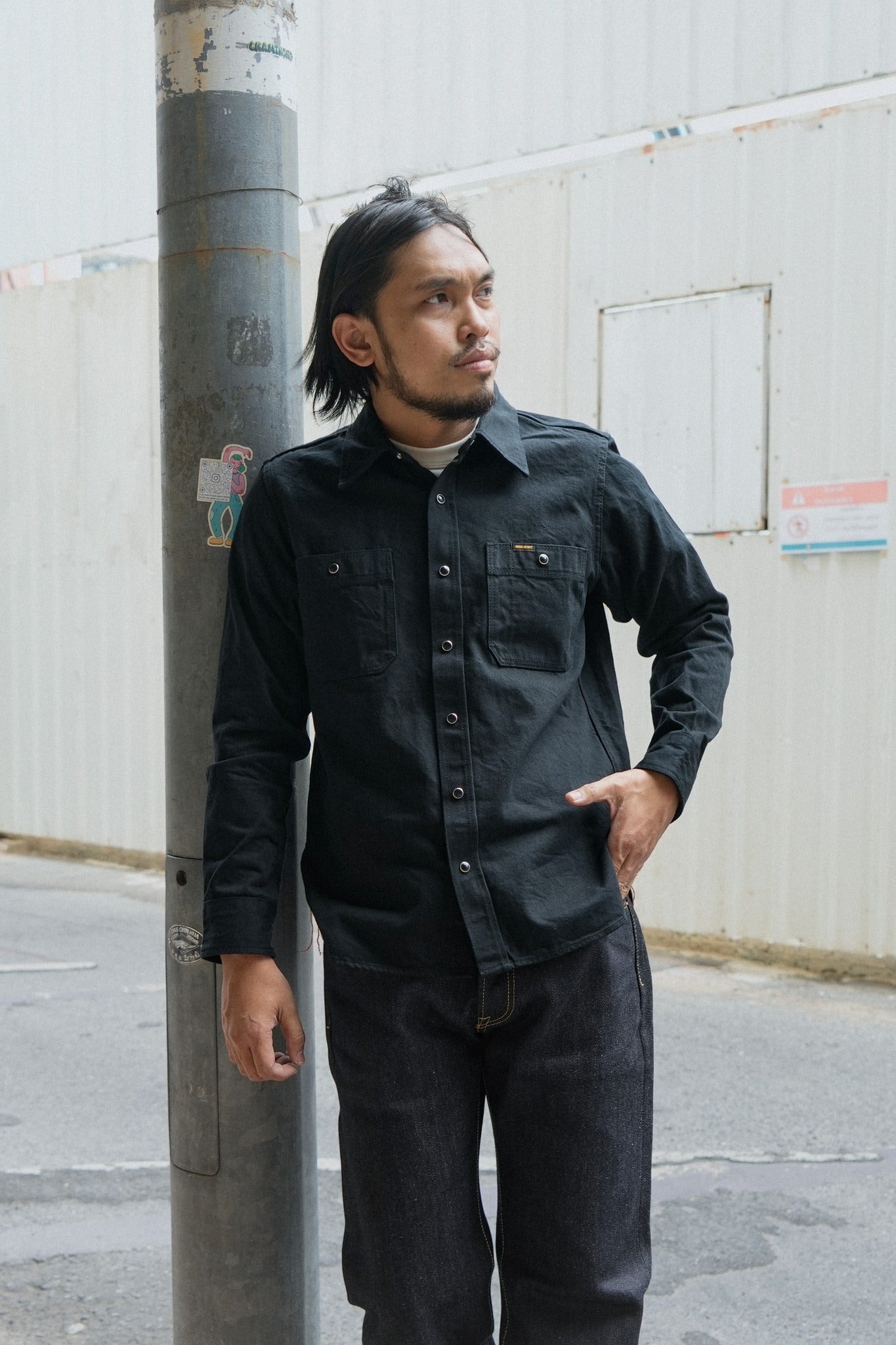 IHSH-338 12oz Selvedge Denim Work Shirt With Snaps - BLACK