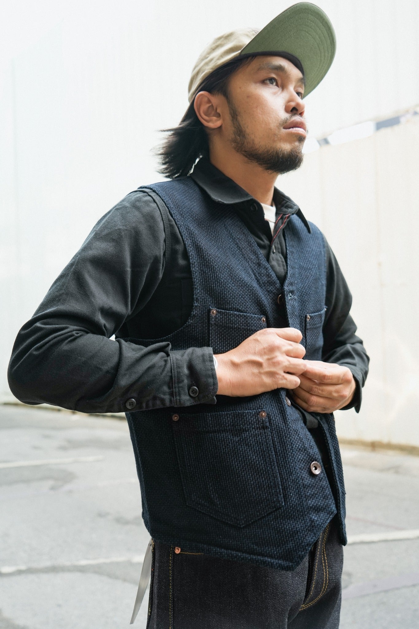 IHV-50 14oz Sashiko Dobby Cloth / Duck Work Vest - INDIGO