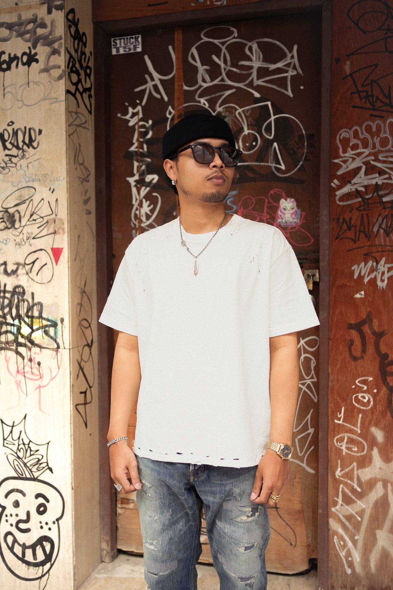 OVERSIZE CROP TEE S/S - HEAVY DESTROYED WHITE