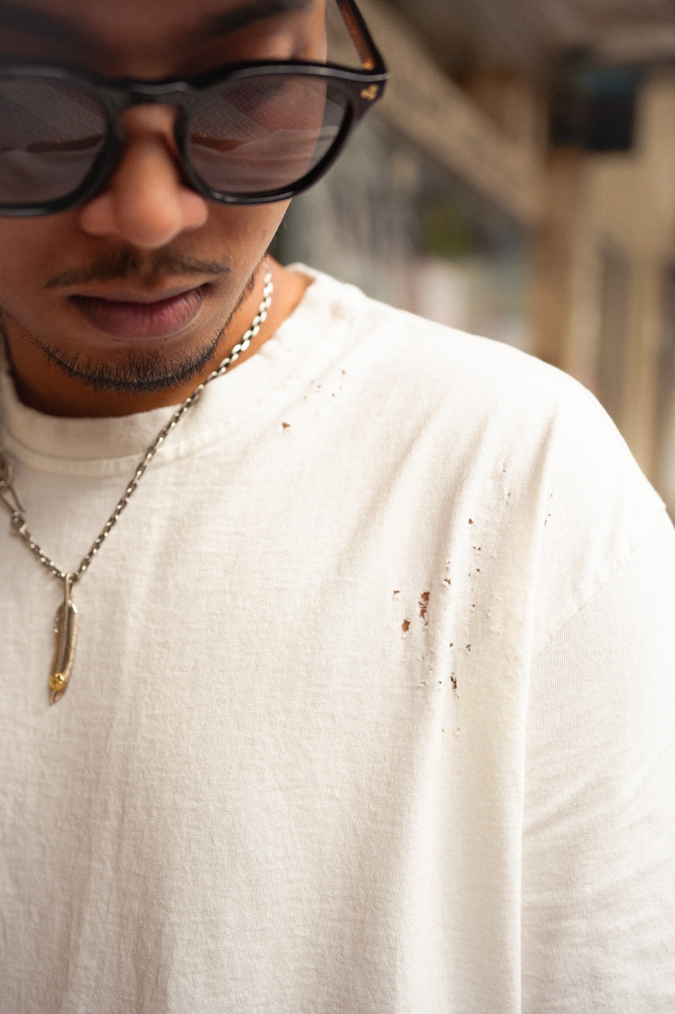 OVERSIZE CROP TEE S/S - HEAVY DESTROYED WHITE