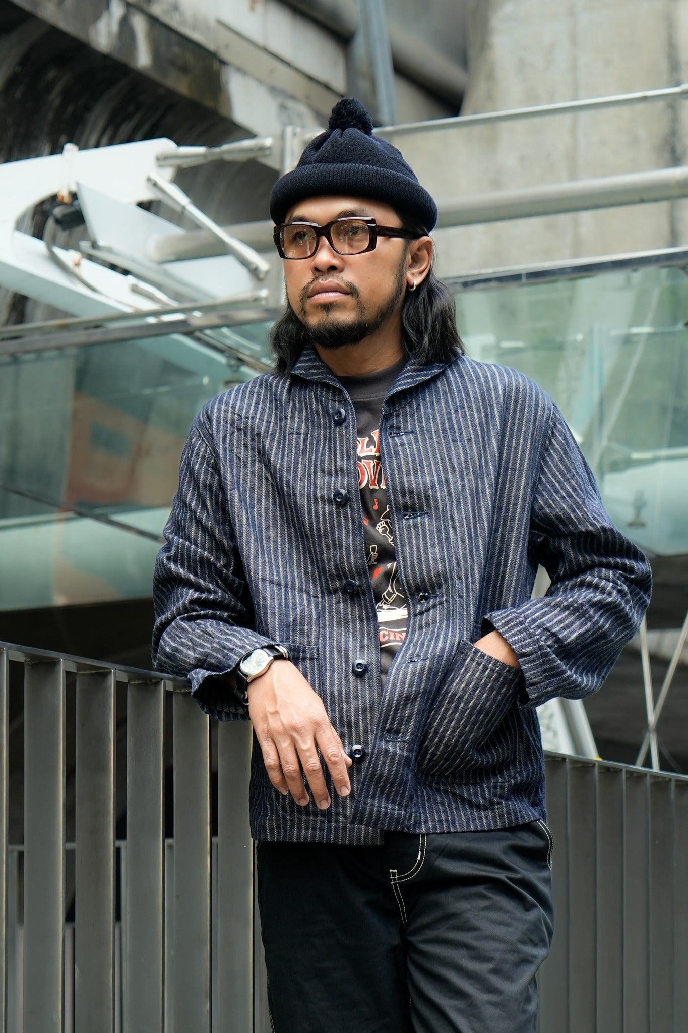 Shawl Collar Jacket - Herringbone Stripe