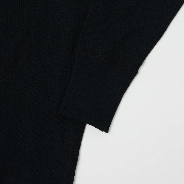 5904 4-needle Henley neck waffle long sleeve T - BLACK