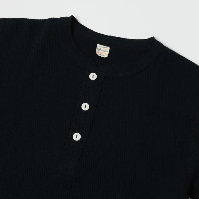 5904 4-needle Henley neck waffle long sleeve T - BLACK