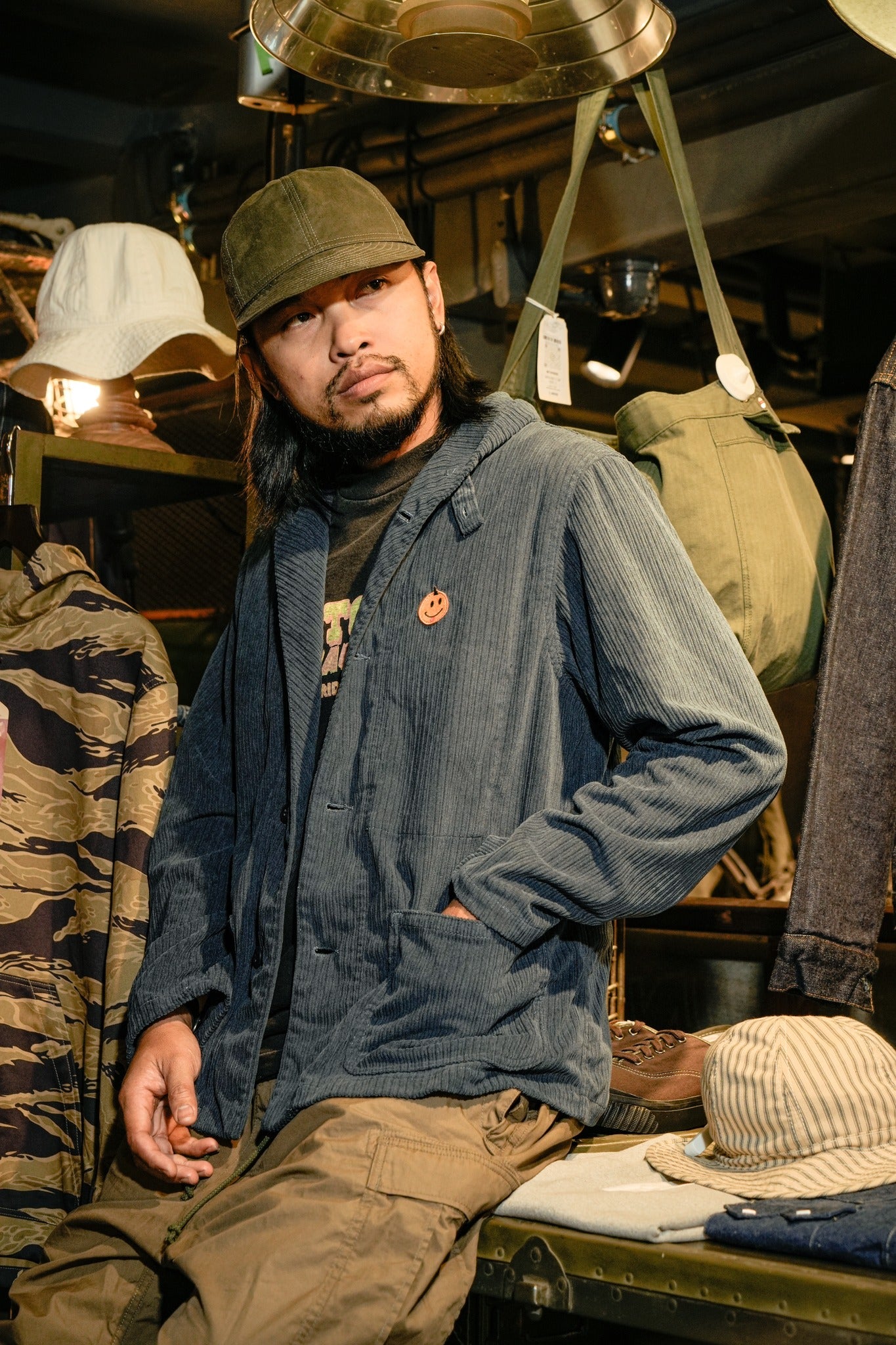 COTTON CORDUROY SHAWL COLLAR USN STYLE JACKET - NAVY