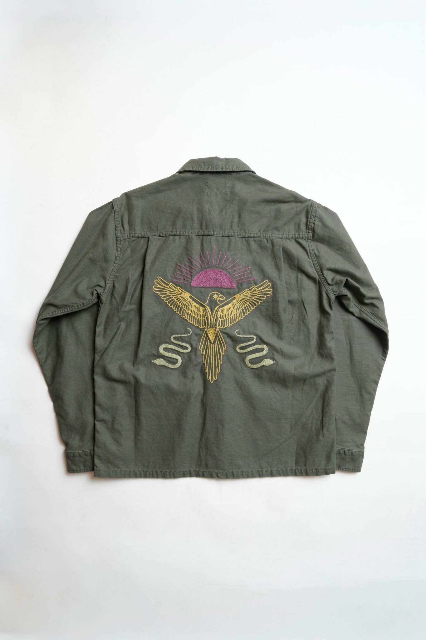 COTTON BACK SATIN OG SHIRT WITH EMBROIDERY - GREEN