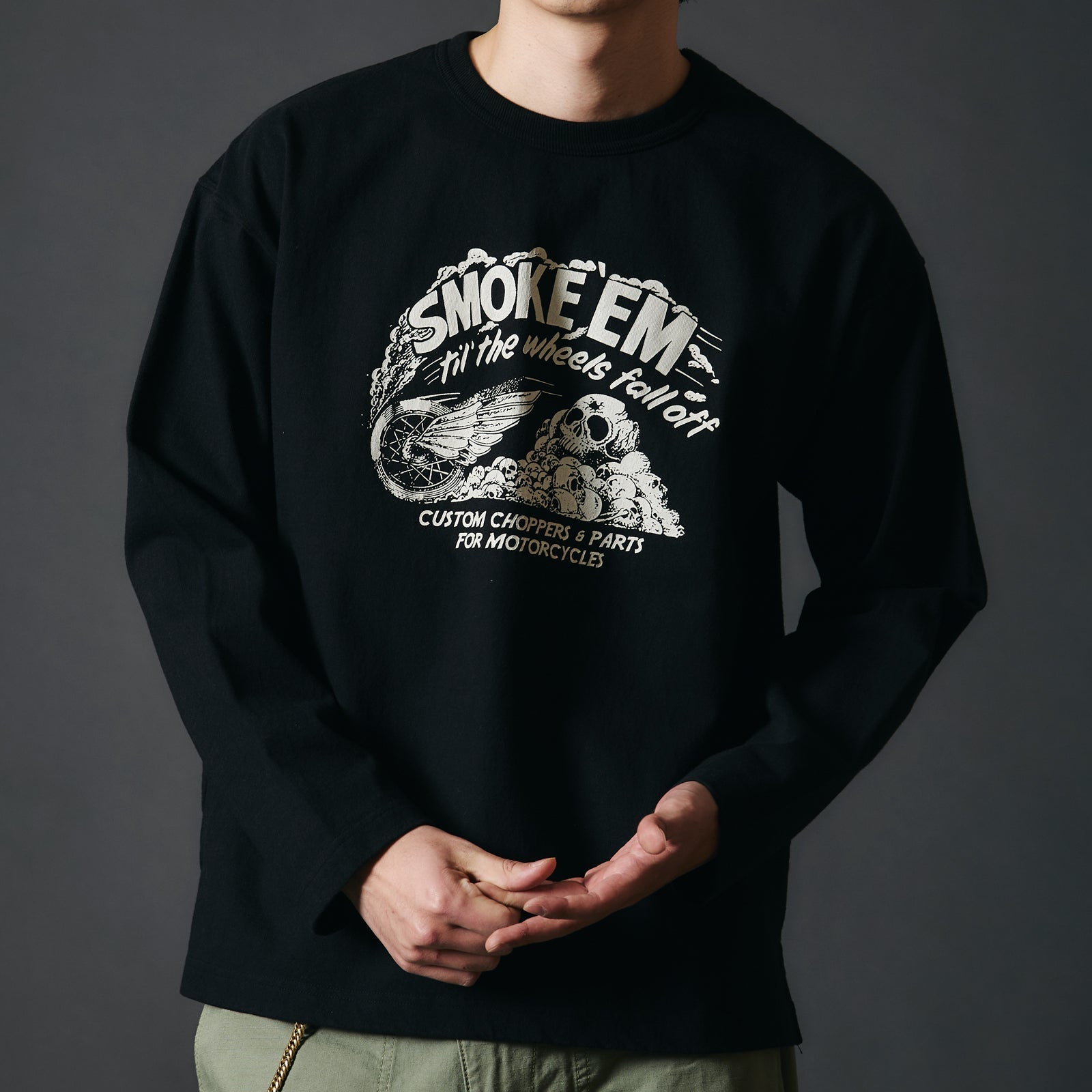 BR-25331 10/- 90's Heavy Weight L/S Print T-shirt SMOKE 'EM - BLACK