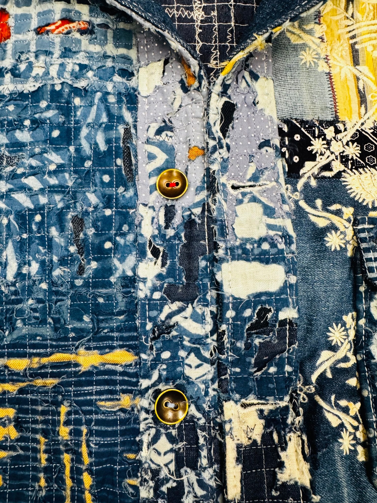 AK/PR/LOT2/JKT/036 Type 1 Ripped & Distressed denim Jacket with Boro and crisscross hand-embroidered leaf baile & peacock motif - INDIGO