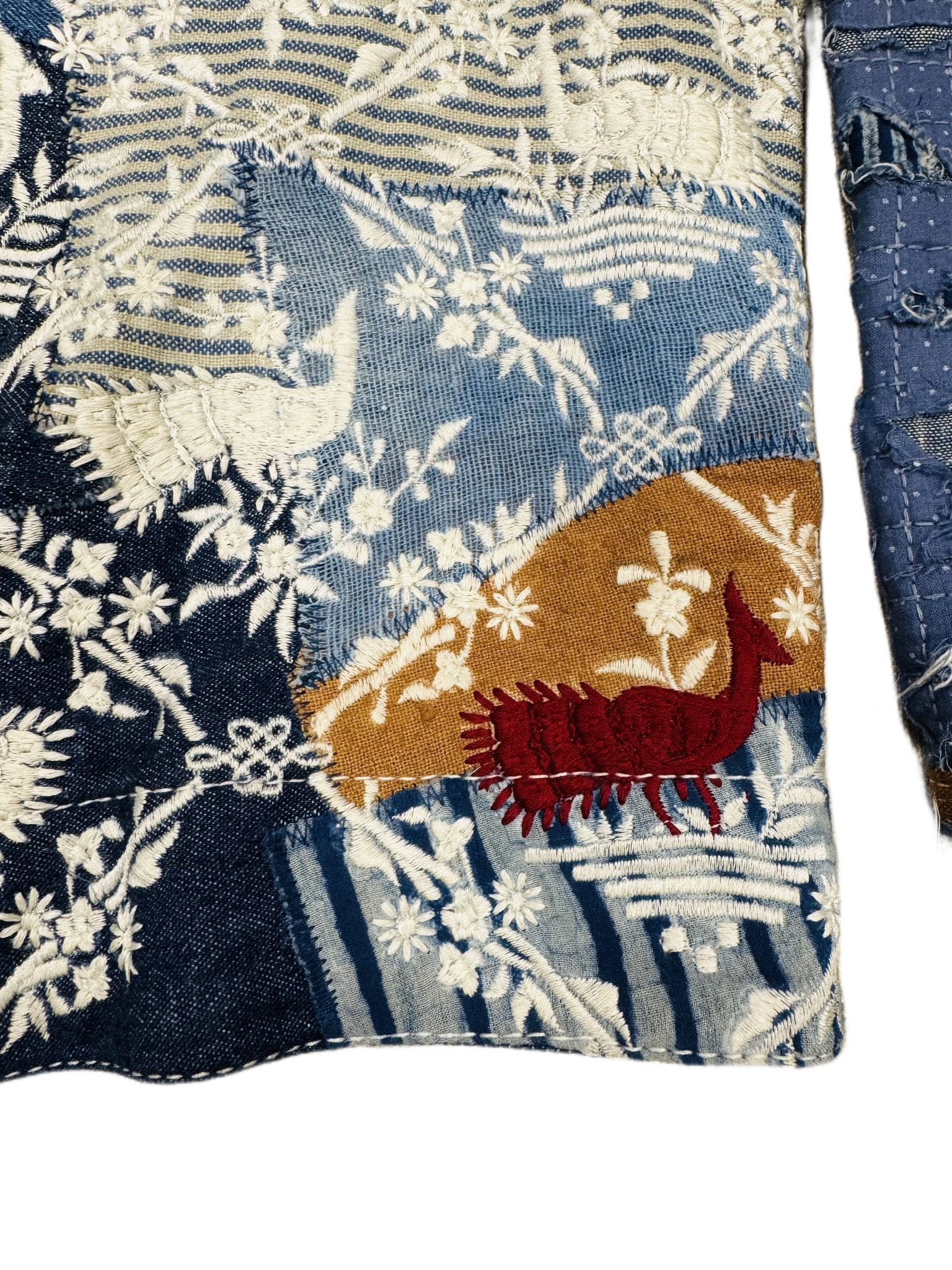 AK/PR/LOT2/JKT/036 Type 1 Ripped & Distressed denim Jacket with Boro and crisscross hand-embroidered leaf baile & peacock motif - INDIGO