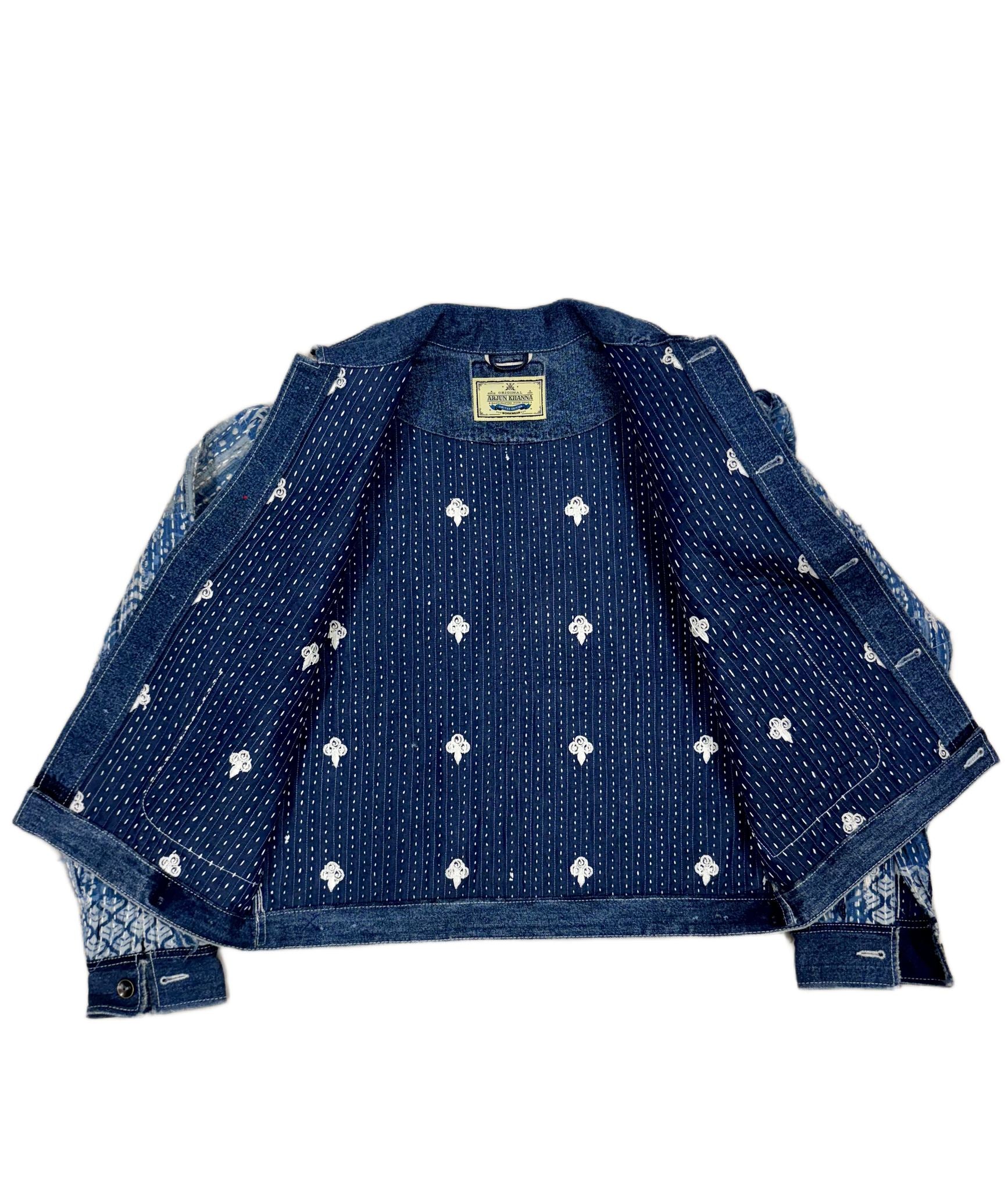 AK/PR/LOT2/JKT/038 Trucker Style Ripped & Distressed Denim Jacket with Boro feat Linear rips, sashiko sticth detail all-over, tree of life, and 2 patch pockets - INDIGO