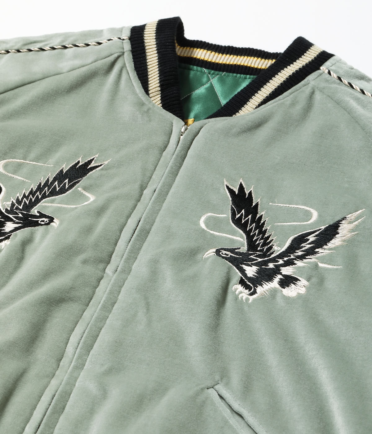 TT15544-141 MID 1950S STYLE VELVETEEN SOUVENIR JACKET BLACK EAGLE ? JAPAN MAP - MINT GREEN/GREEN