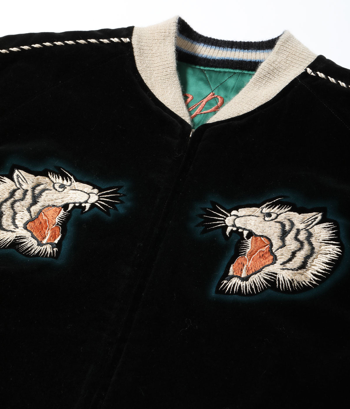 TT15809-119 Mid 1950s Style Velveteen × Acetate Quilted Souvenir Jacket “Stencil Paint” TOYO ENTERPRISE 60th Anniversary Special Edition “TIGER HEAD” × “EAGLE” - BLACK/GREEN