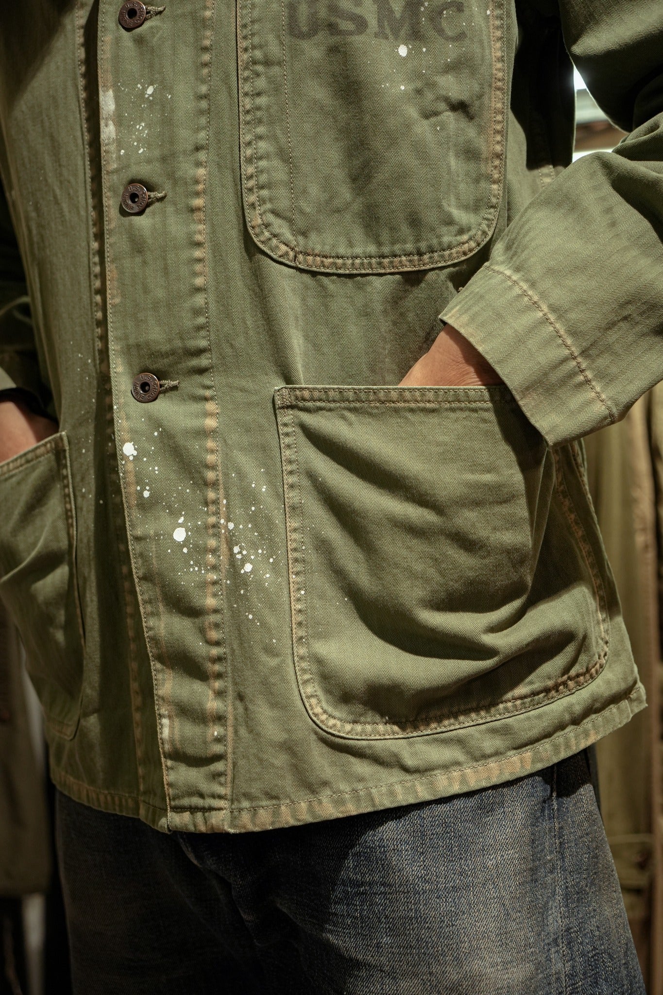 COTTON HBT P-41 USMC JACKET WITH VINTAGE PROCESSING - GREEN