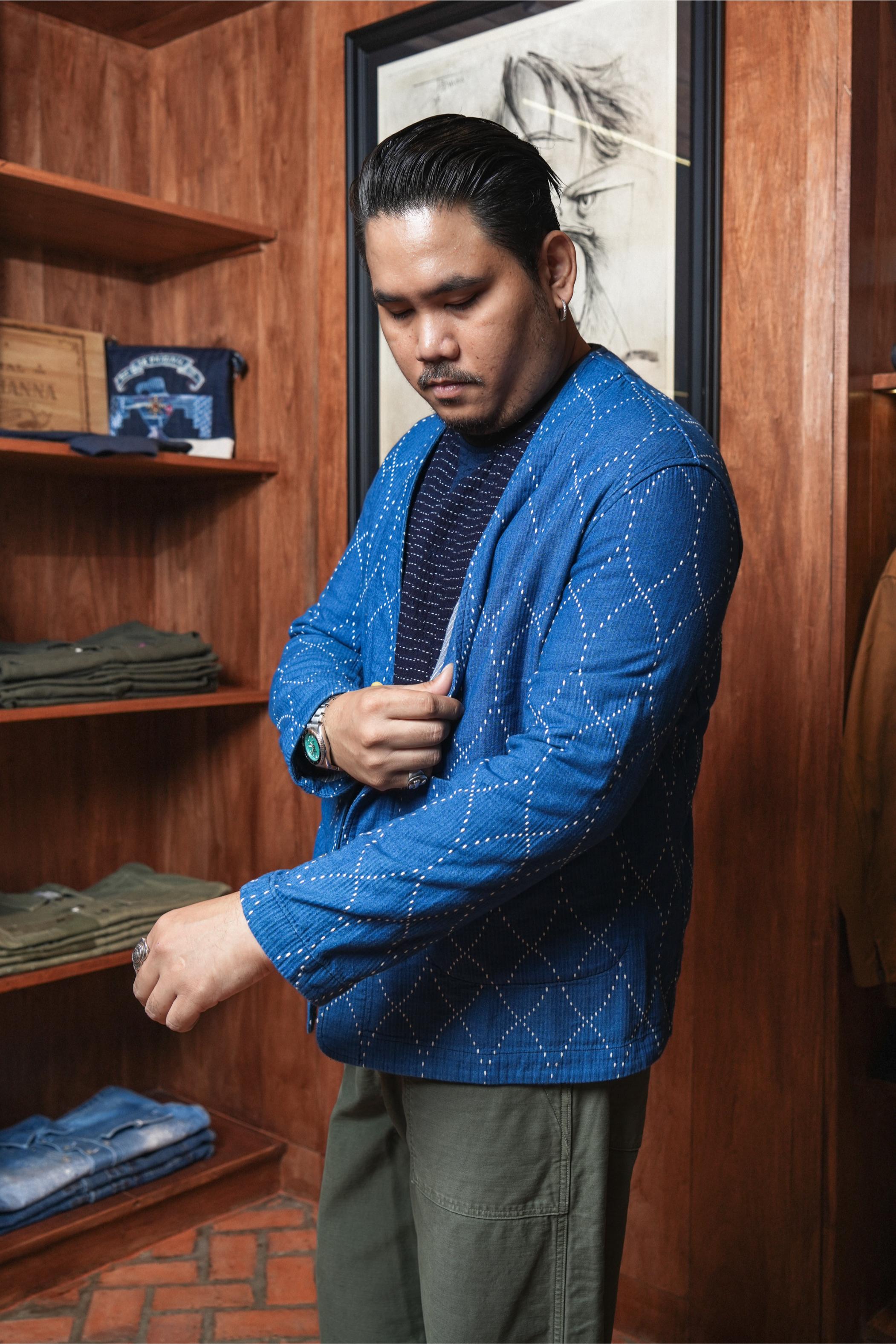 Geometric Sashiko Casual Cardigan Jacket - INDIGO