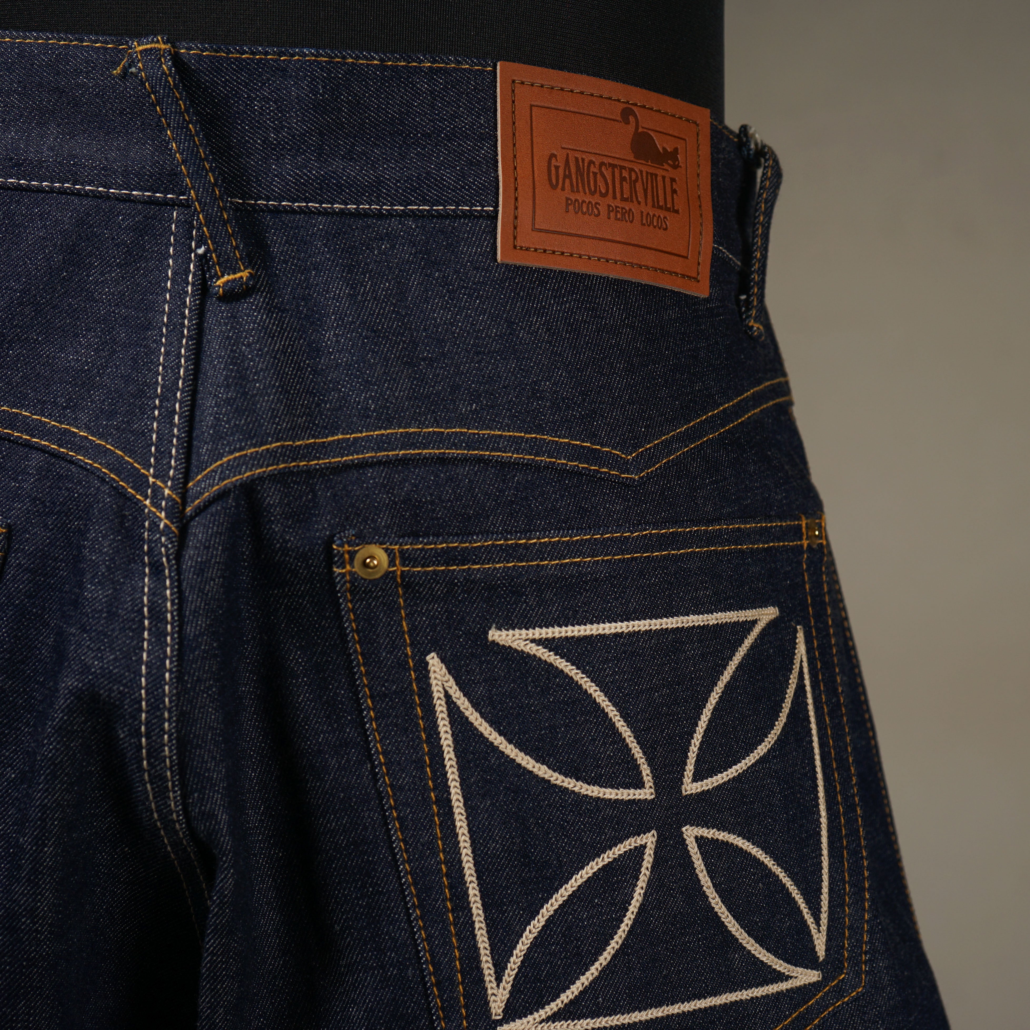 THUG - DENIM SHORTS IRON CROSS - INDIGOxIVORY