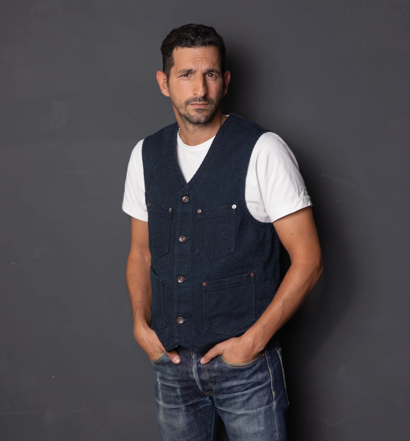 IHV-50 14oz Sashiko Dobby Cloth / Duck Work Vest - INDIGO