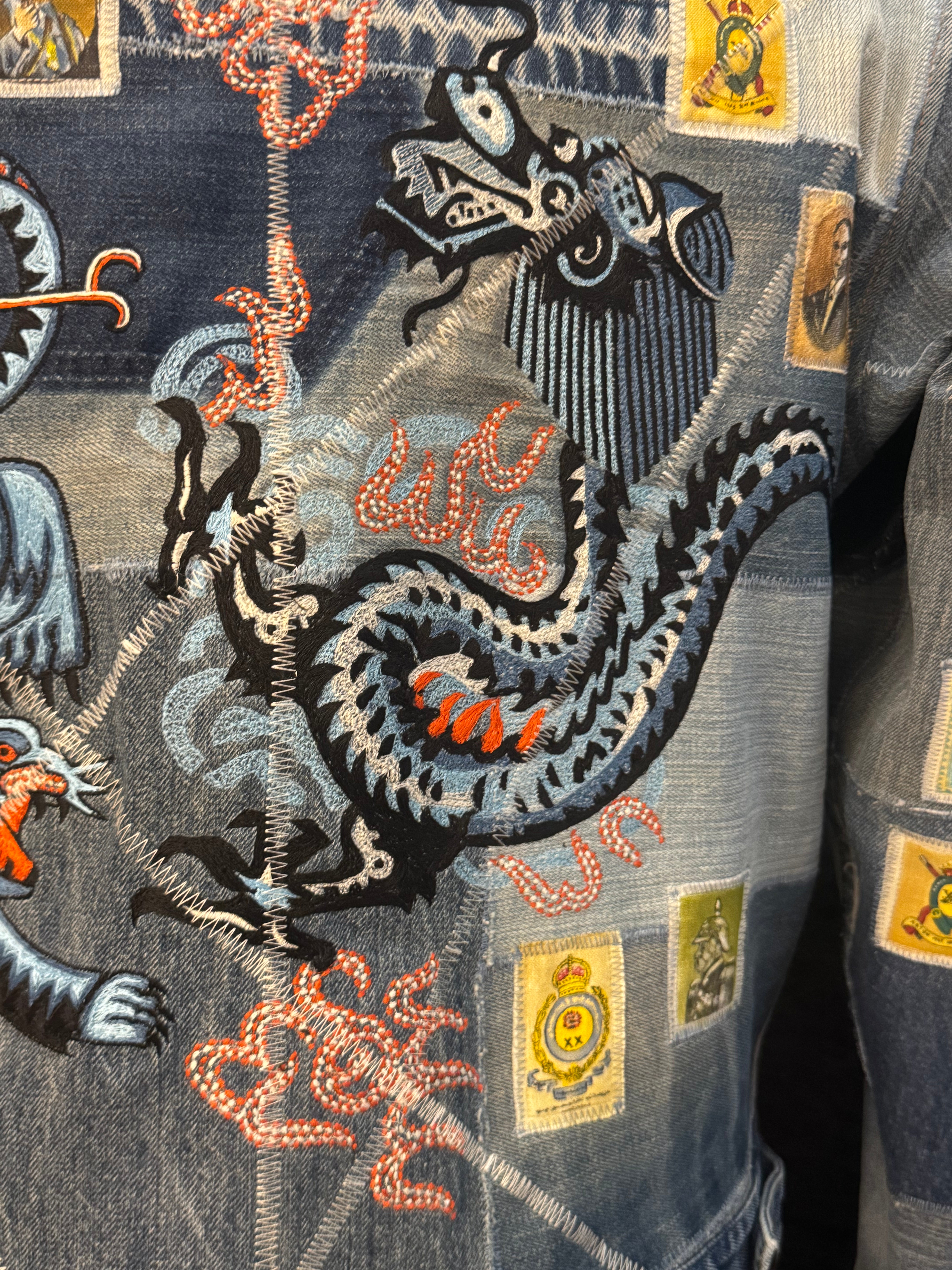 AK/PR/LOT3/JKT/048 Tribal Tiger & Dragon on Patchwork Denim Bomber Trucker Jacket - BLUE