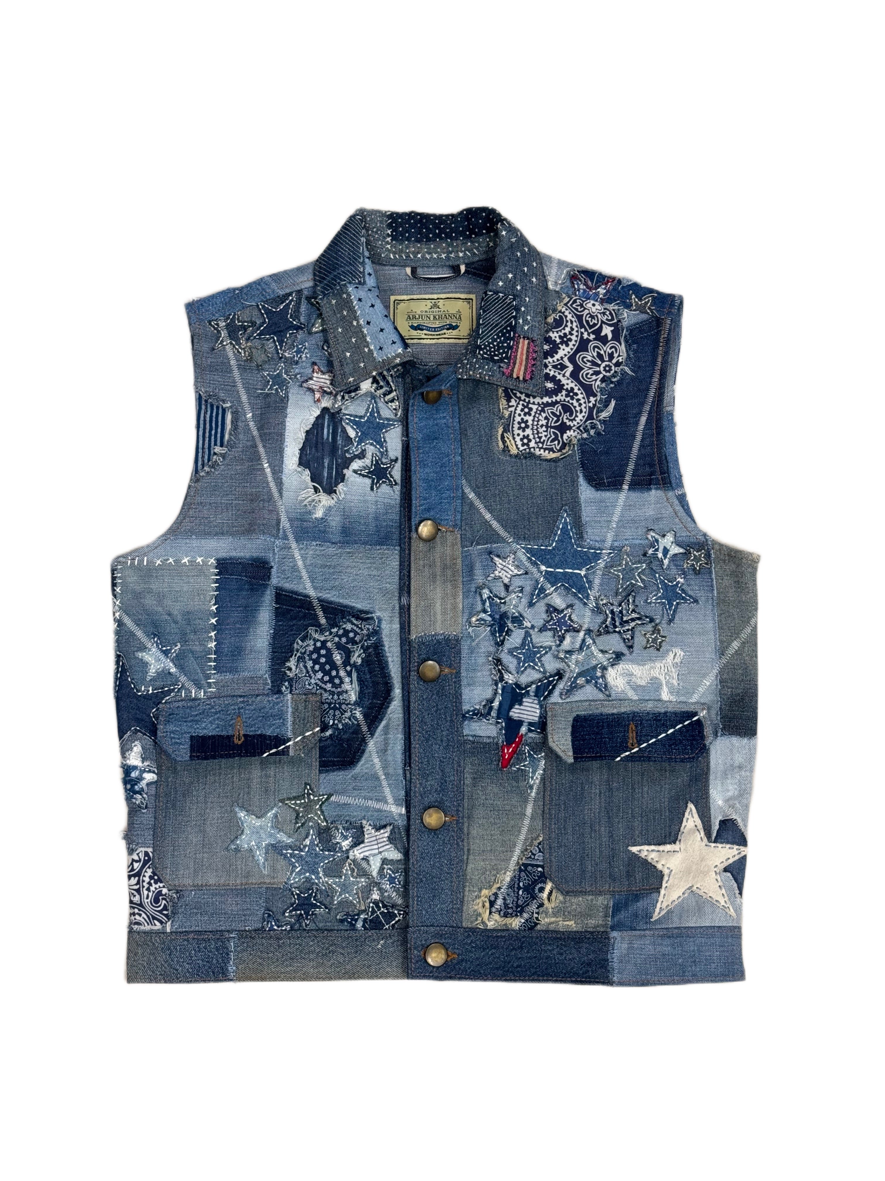 AK/PR/LOT3/VEST/019 Rockstar 2.0 Denim Vest with Japanese Boro, Sashiko & Towel Embroidered Flying-A - BLUE