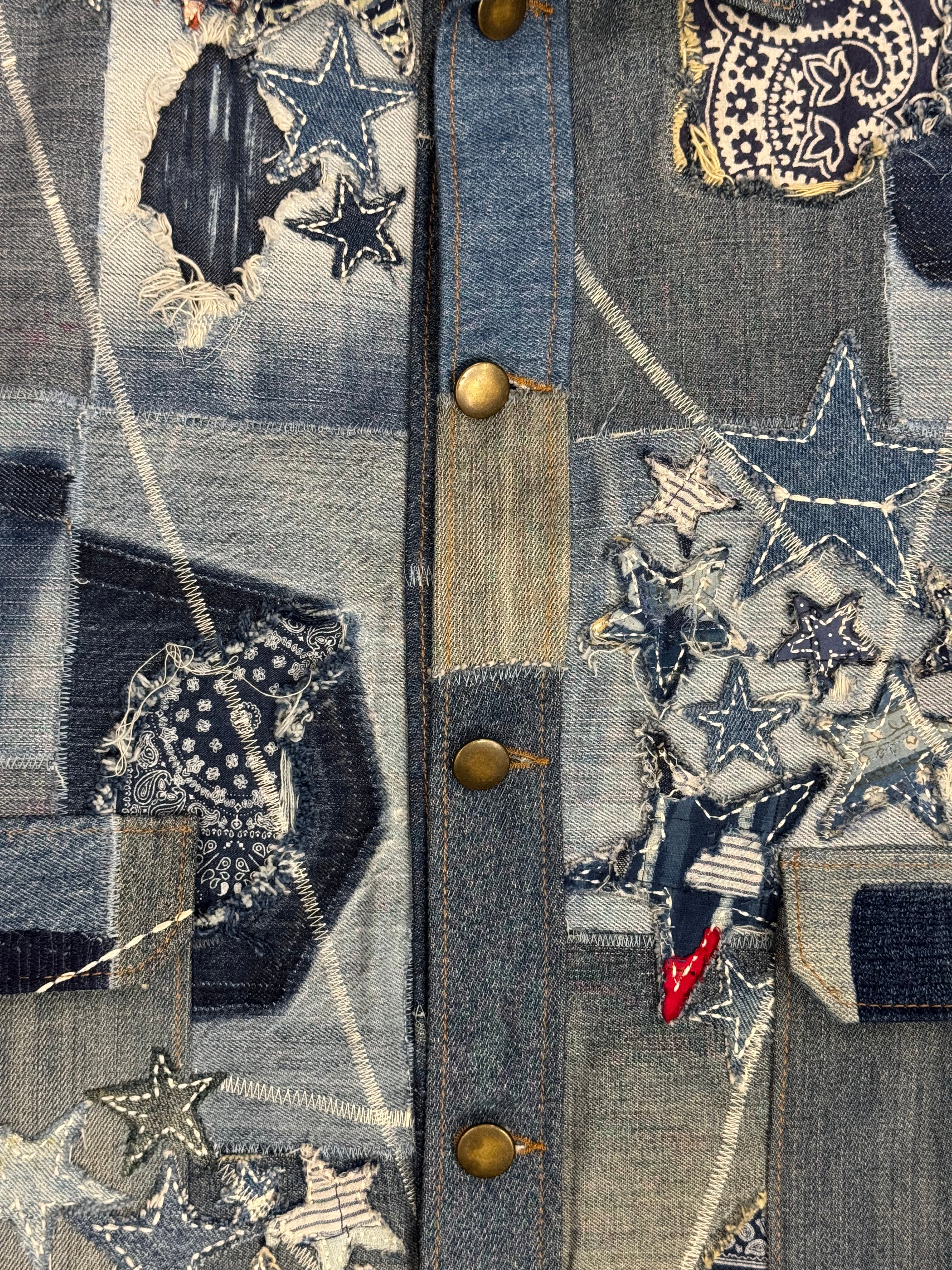 AK/PR/LOT3/VEST/019 Rockstar 2.0 Denim Vest with Japanese Boro, Sashiko & Towel Embroidered Flying-A - BLUE