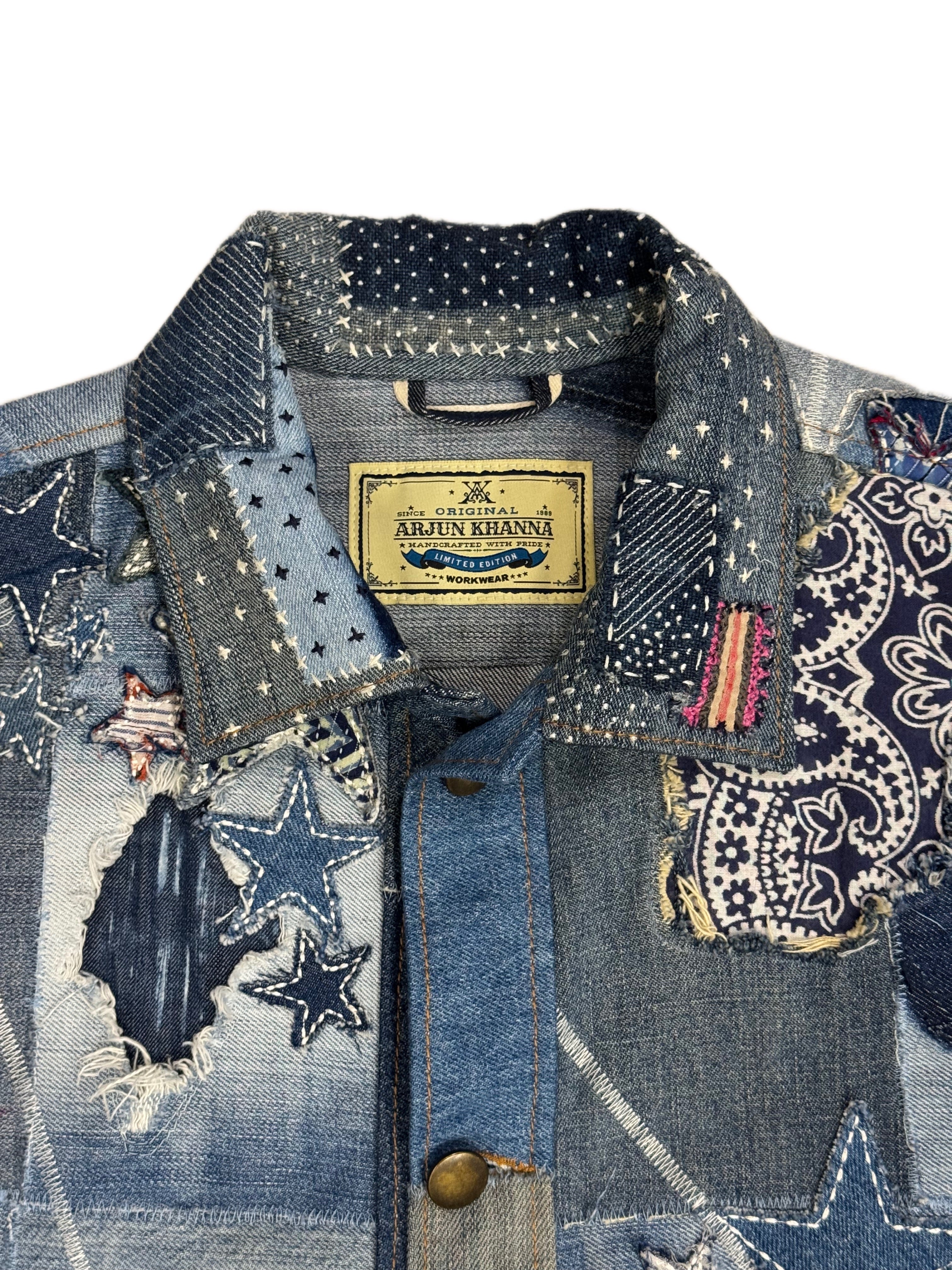 AK/PR/LOT3/VEST/019 Rockstar 2.0 Denim Vest with Japanese Boro, Sashiko & Towel Embroidered Flying-A - BLUE