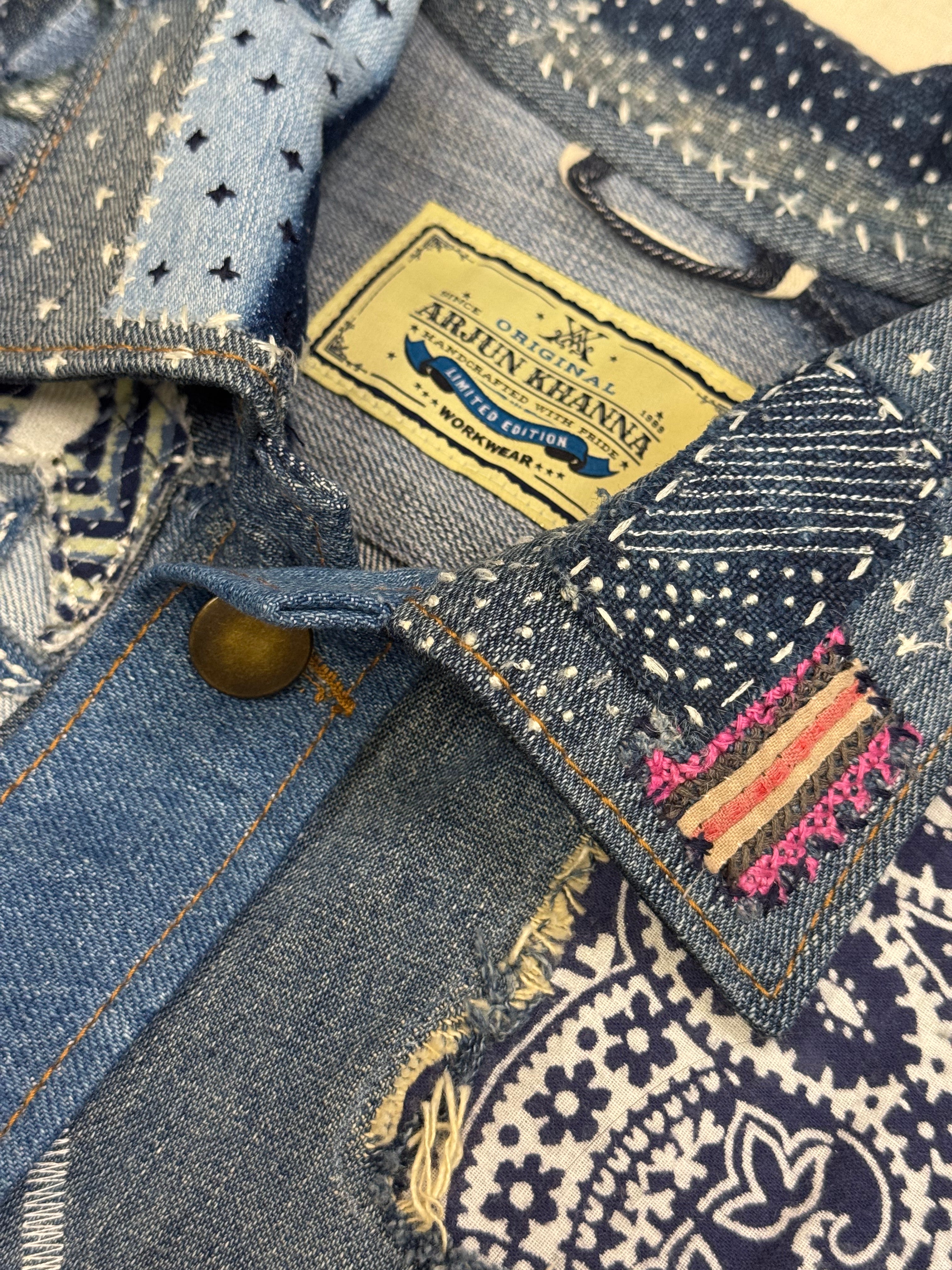 AK/PR/LOT3/VEST/019 Rockstar 2.0 Denim Vest with Japanese Boro, Sashiko & Towel Embroidered Flying-A - BLUE