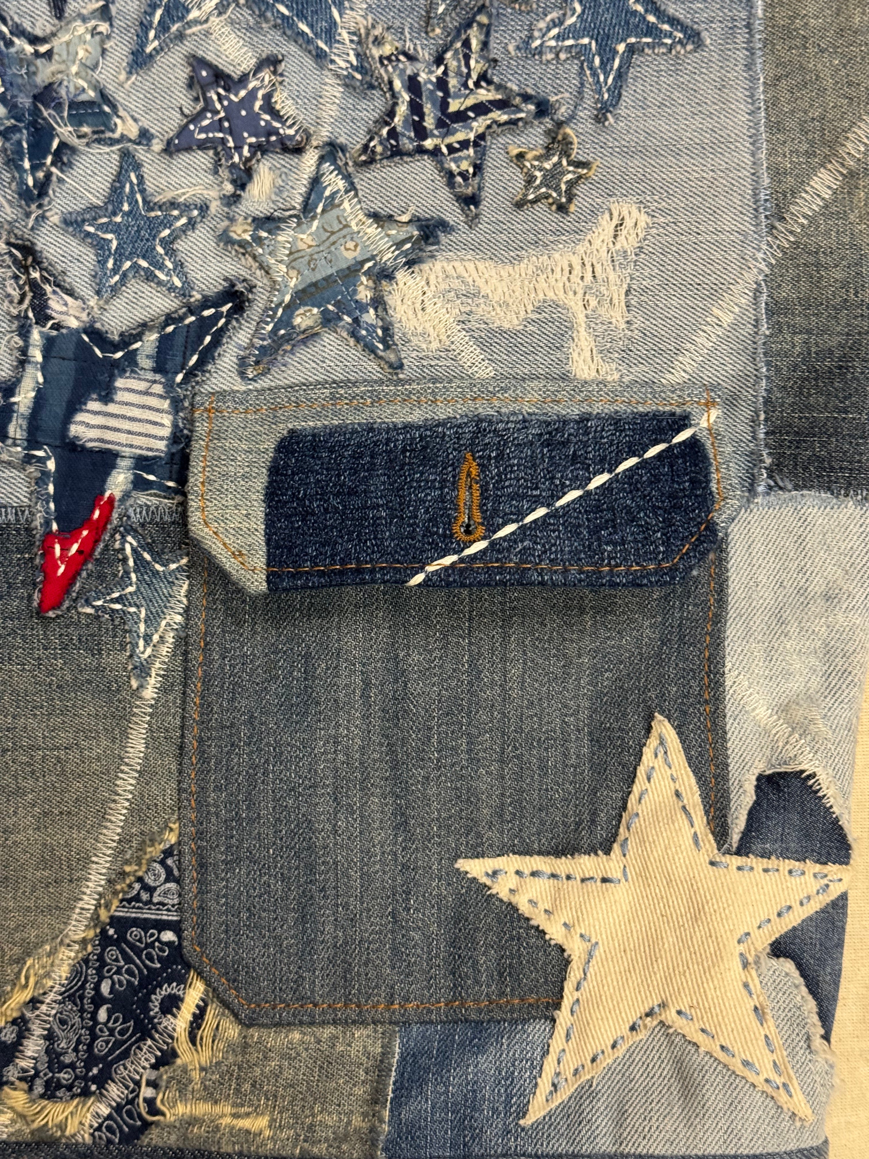 AK/PR/LOT3/VEST/019 Rockstar 2.0 Denim Vest with Japanese Boro, Sashiko & Towel Embroidered Flying-A - BLUE