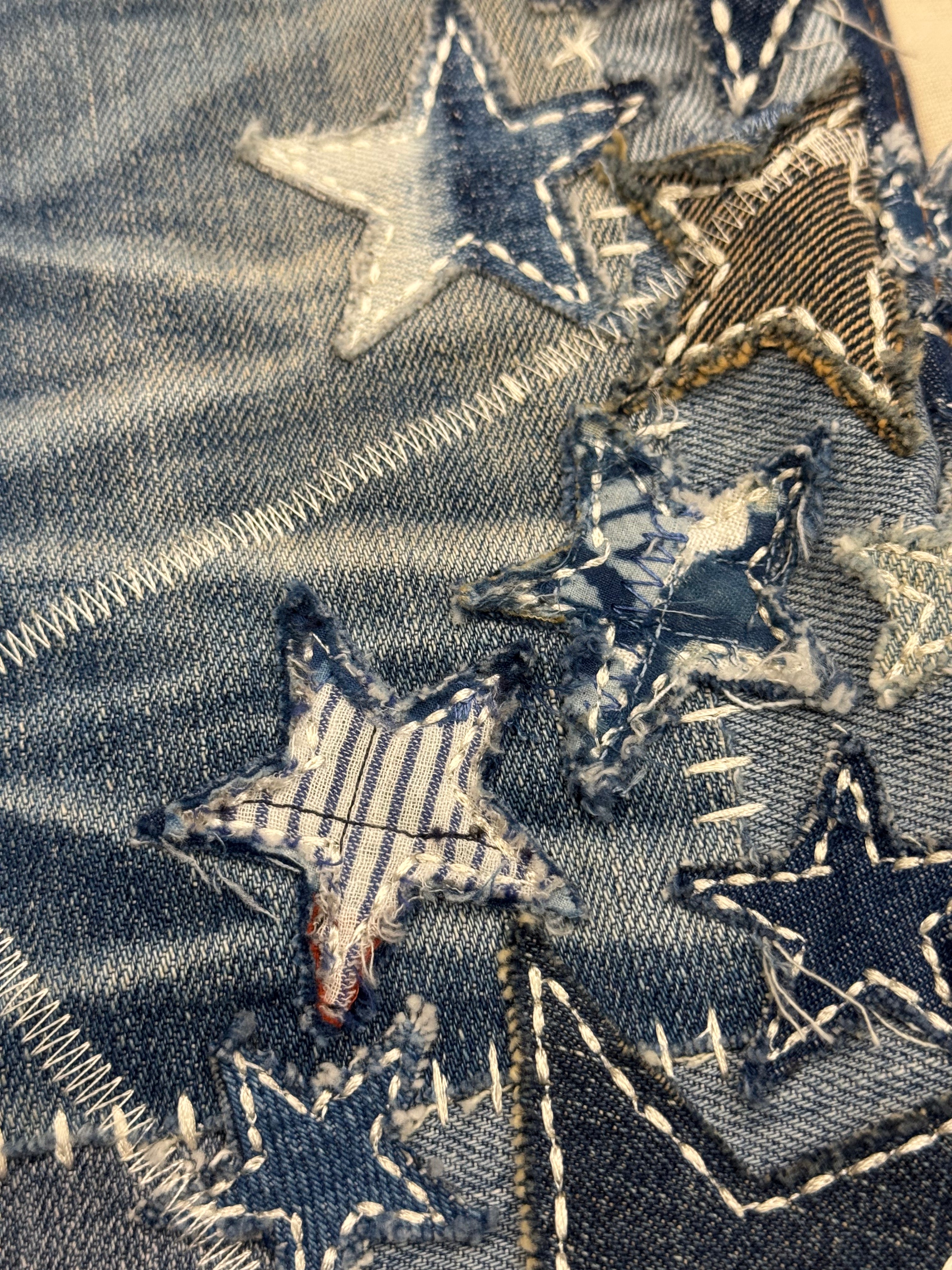 AK/PR/LOT3/VEST/019 Rockstar 2.0 Denim Vest with Japanese Boro, Sashiko & Towel Embroidered Flying-A - BLUE