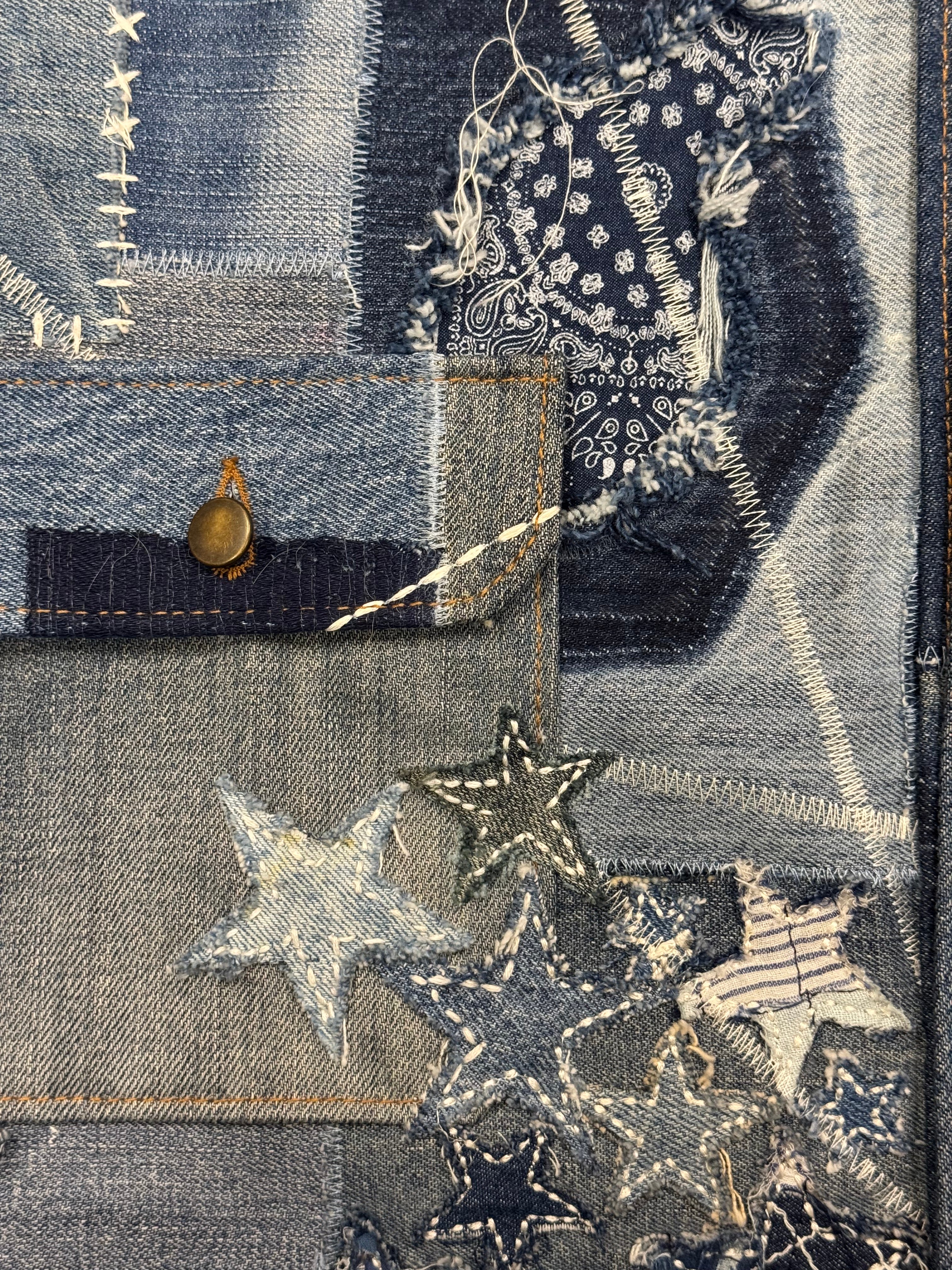 AK/PR/LOT3/VEST/019 Rockstar 2.0 Denim Vest with Japanese Boro, Sashiko & Towel Embroidered Flying-A - BLUE