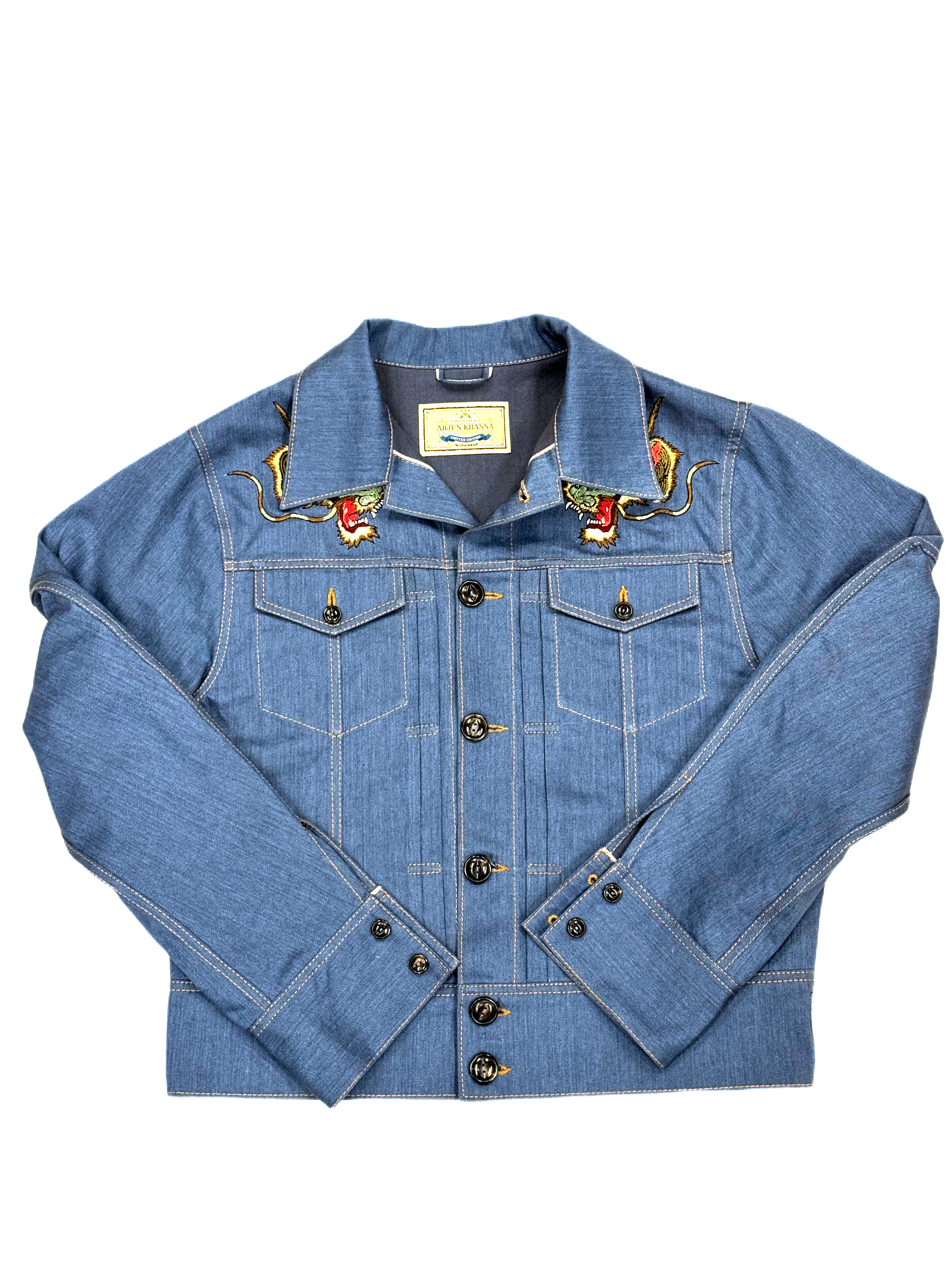 AK/PR/LOT3/JKT/050 Biker Vent Pleated Dragon Bomber Jacket in Japanse Selvedge Denim - BLUE