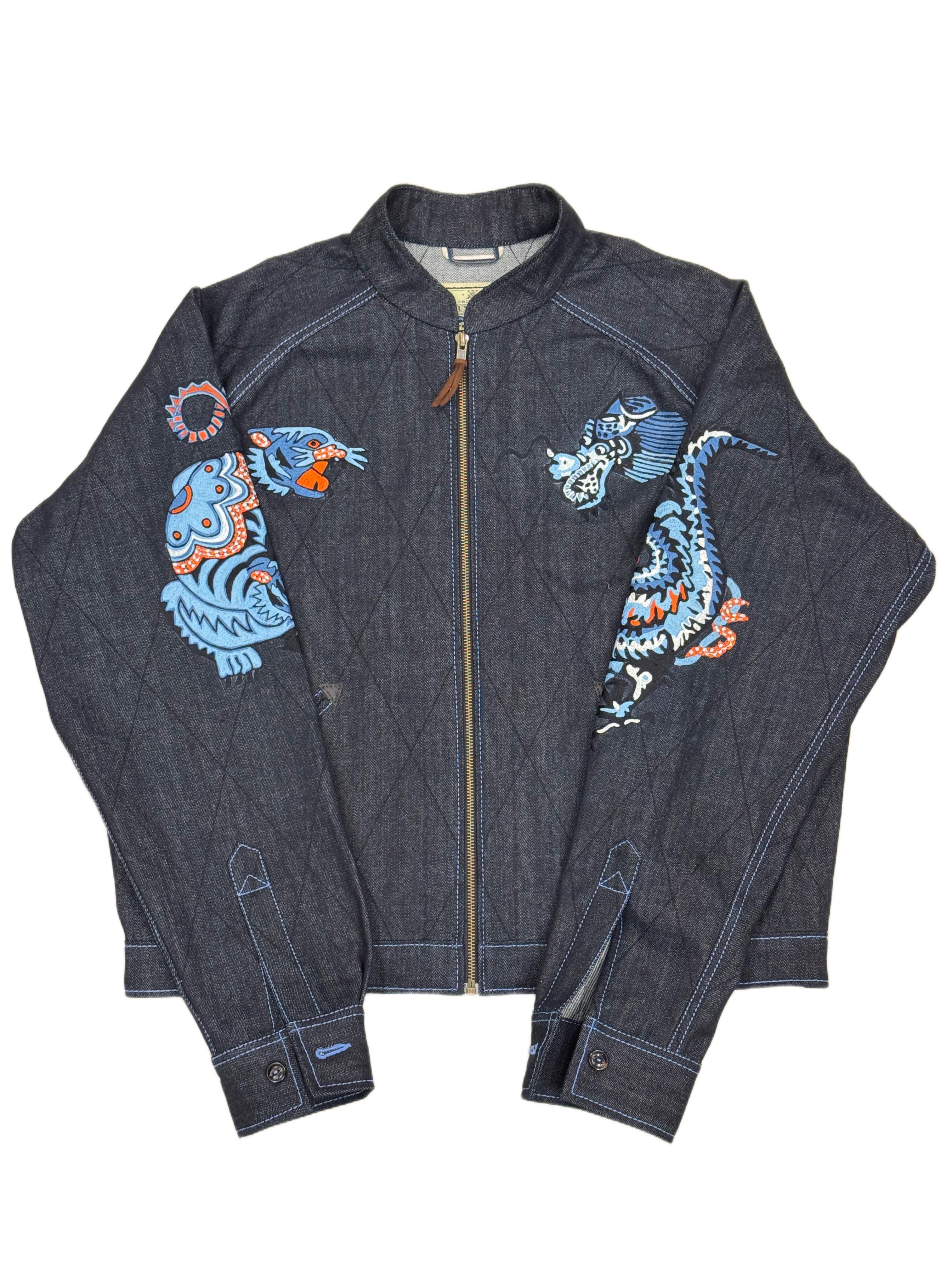 AK/PR/LOT3/JKT/052 AK OG Tribal Dragon & Tiger Denim Souvenir Jacket - BLACK