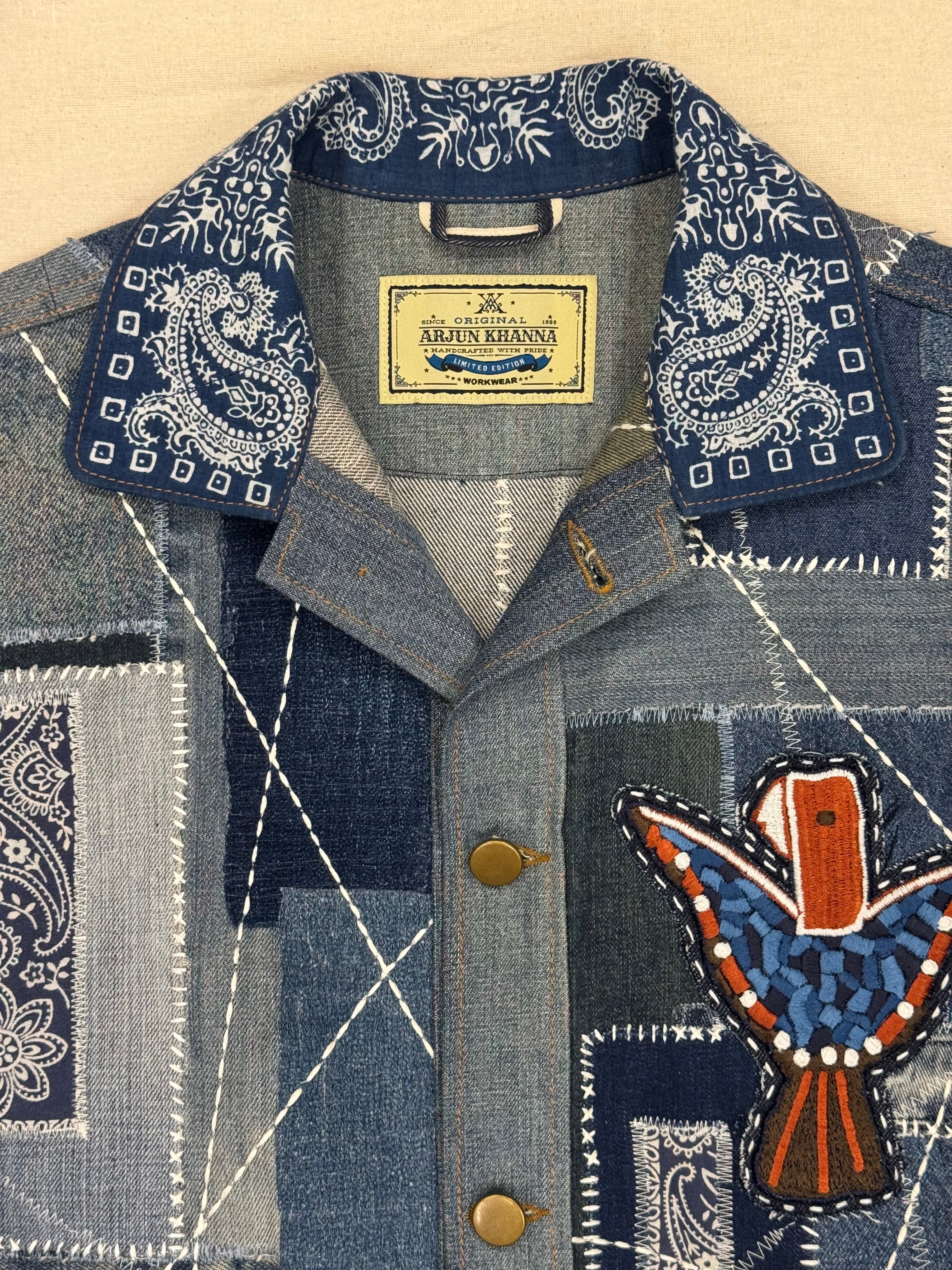 AK/PR/LOT3/VEST/018 Boro Patchwork Vest with Bandana collar & Mosaic Phoneix o - BLUE