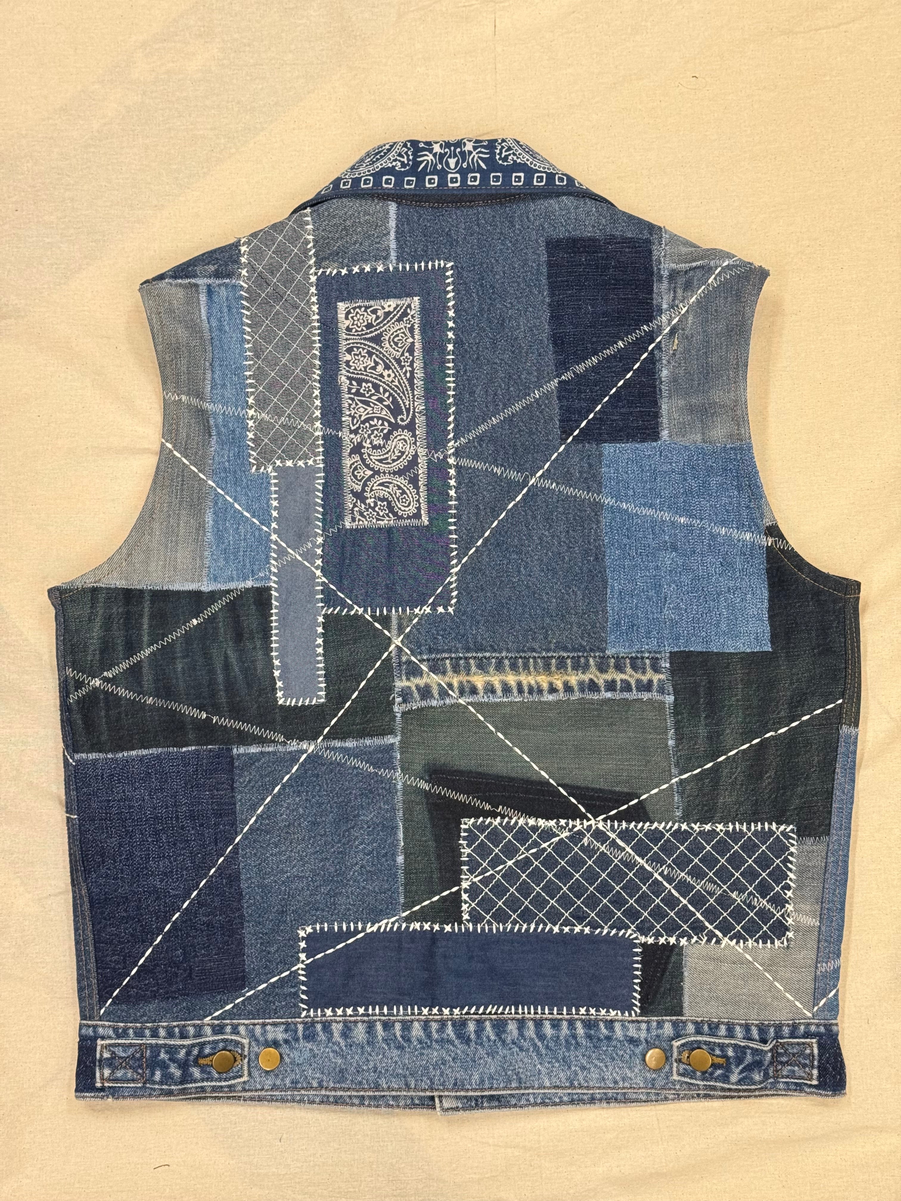 AK/PR/LOT3/VEST/018 Boro Patchwork Vest with Bandana collar & Mosaic Phoneix o - BLUE