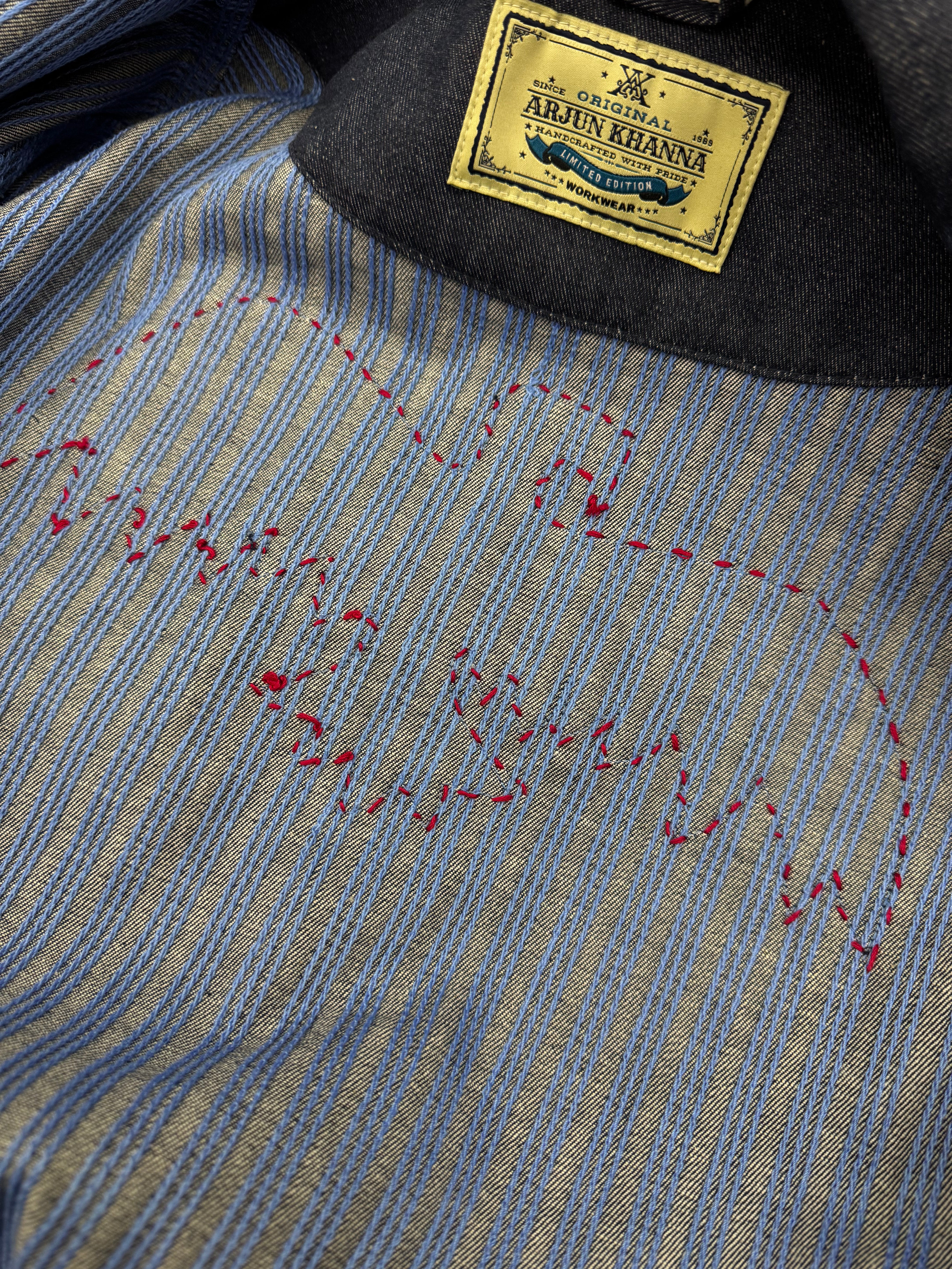 AK/PR/LOT3/JKT/055 All-Over Linear Chainstitch Denim Jacket with White Phoenix - BLUE