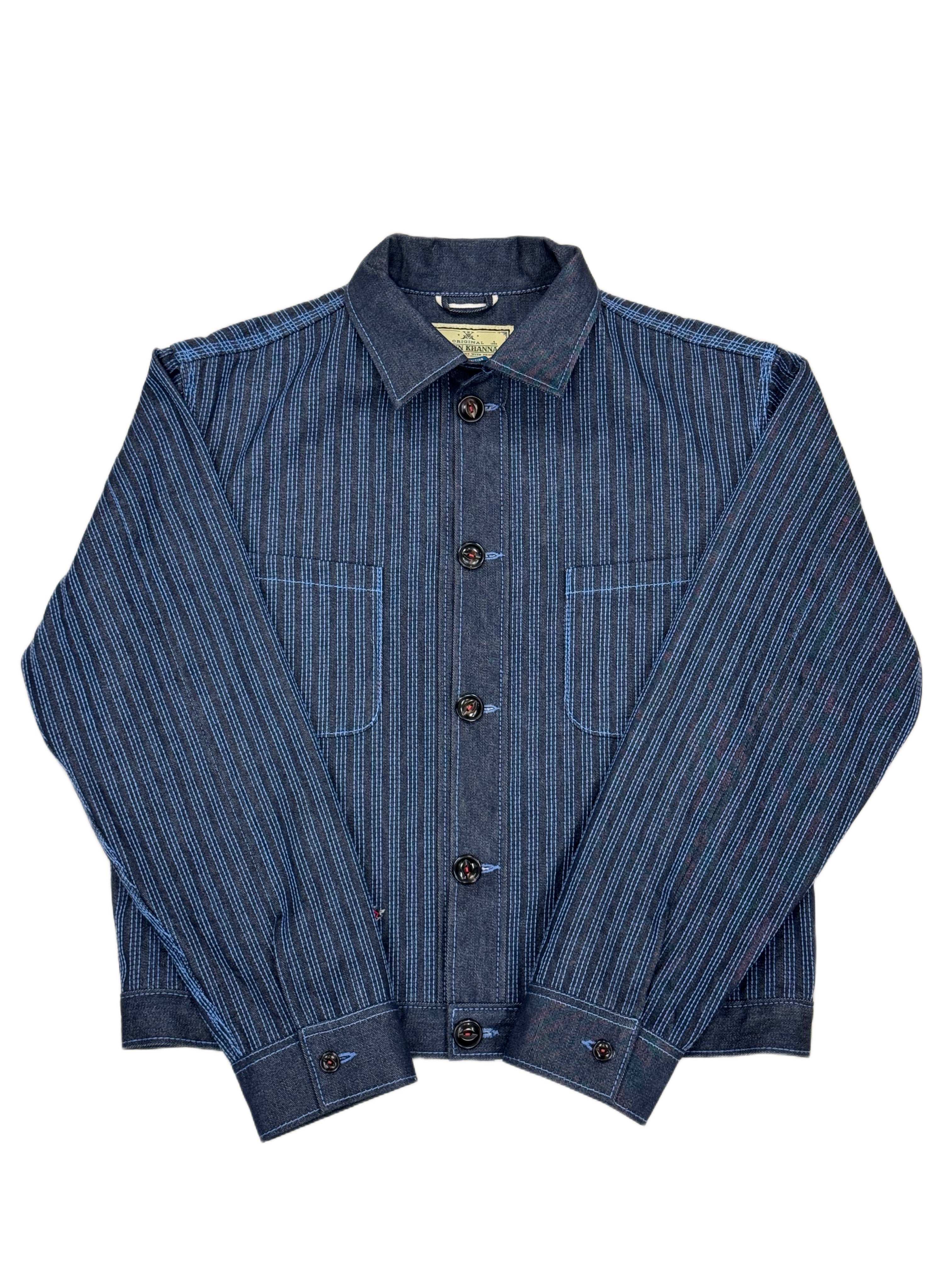 AK/PR/LOT3/JKT/055 All-Over Linear Chainstitch Denim Jacket with White Phoenix - BLUE