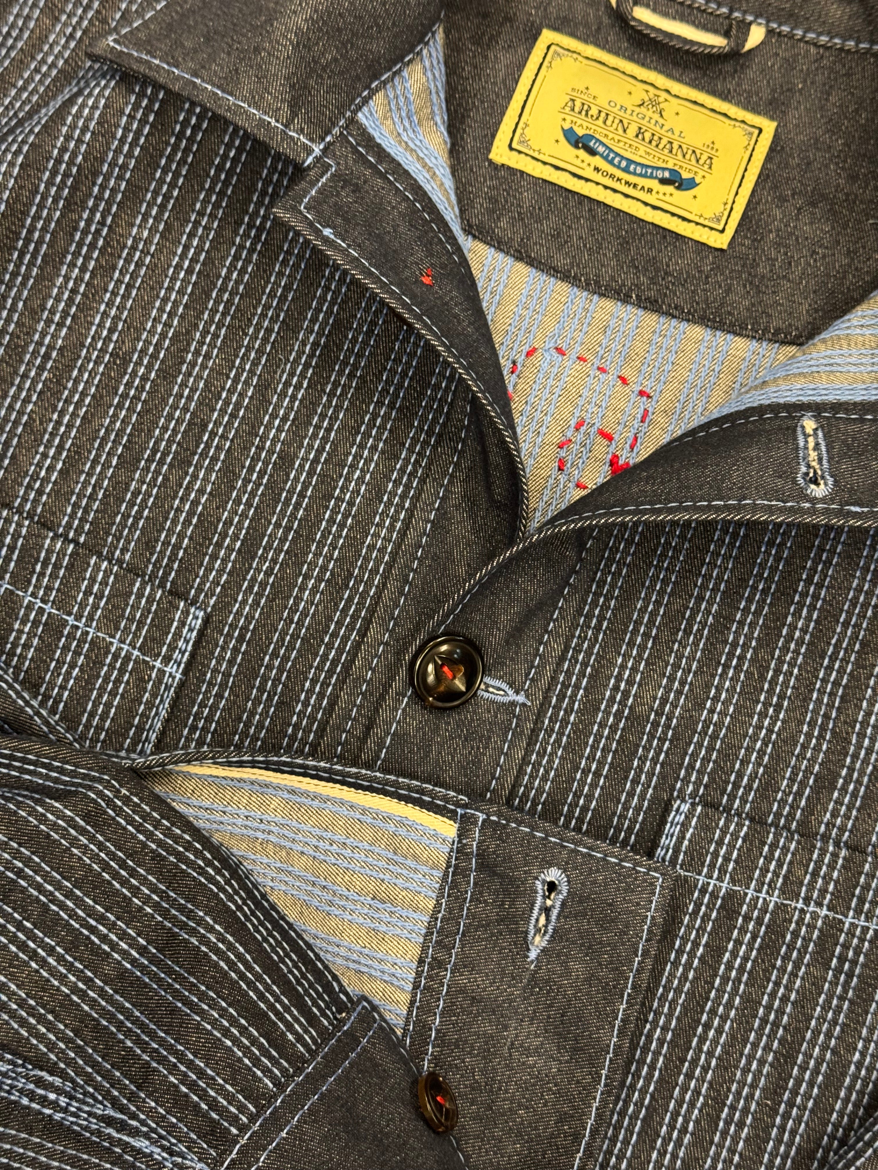 AK/PR/LOT3/JKT/055 All-Over Linear Chainstitch Denim Jacket with White Phoenix - BLUE