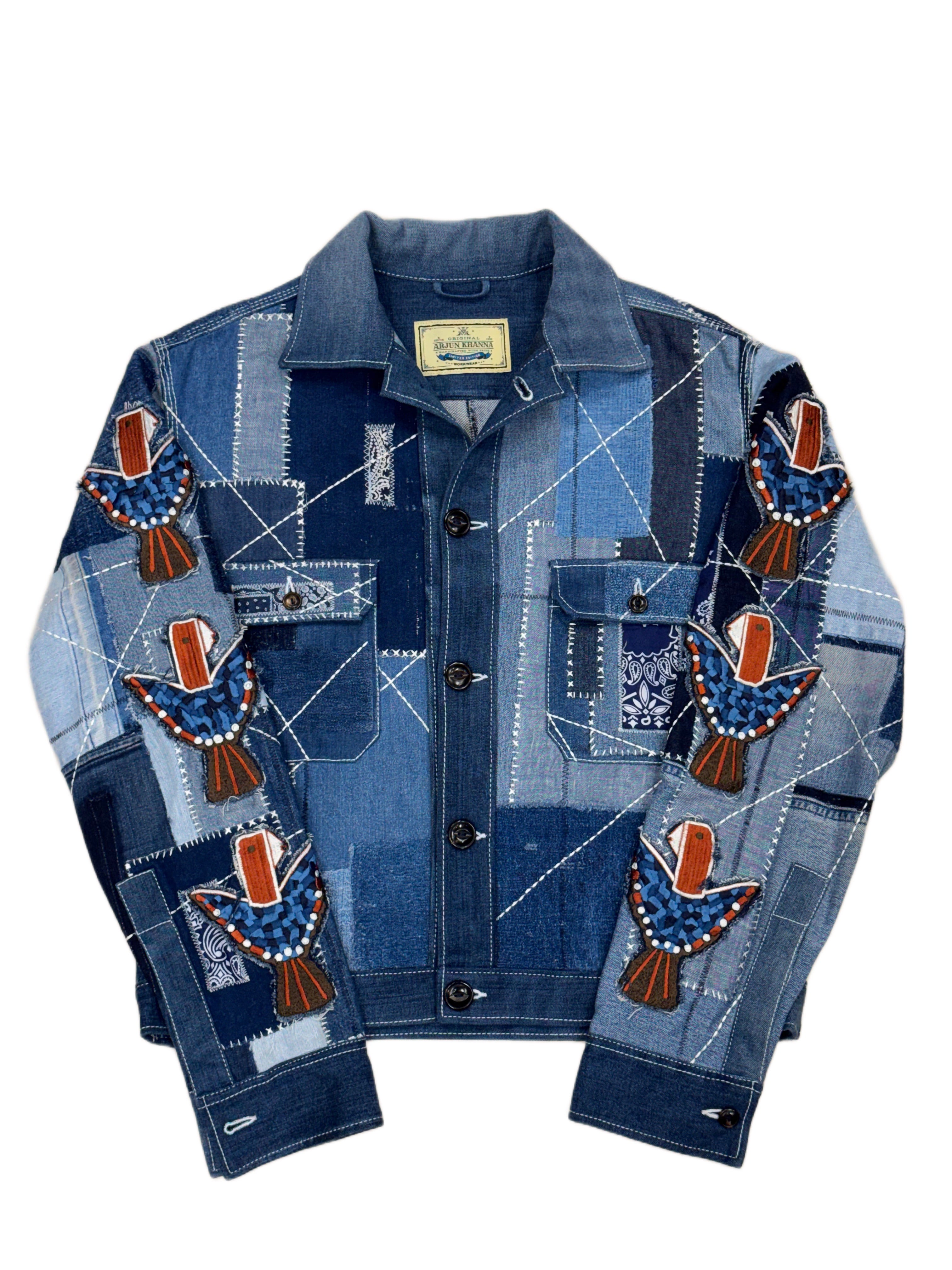 AK/PR/LOT3/JKT/049 Patchwork Denim Bomber TruckerJacket with Rust Head Mosaic Poenix - BLUE