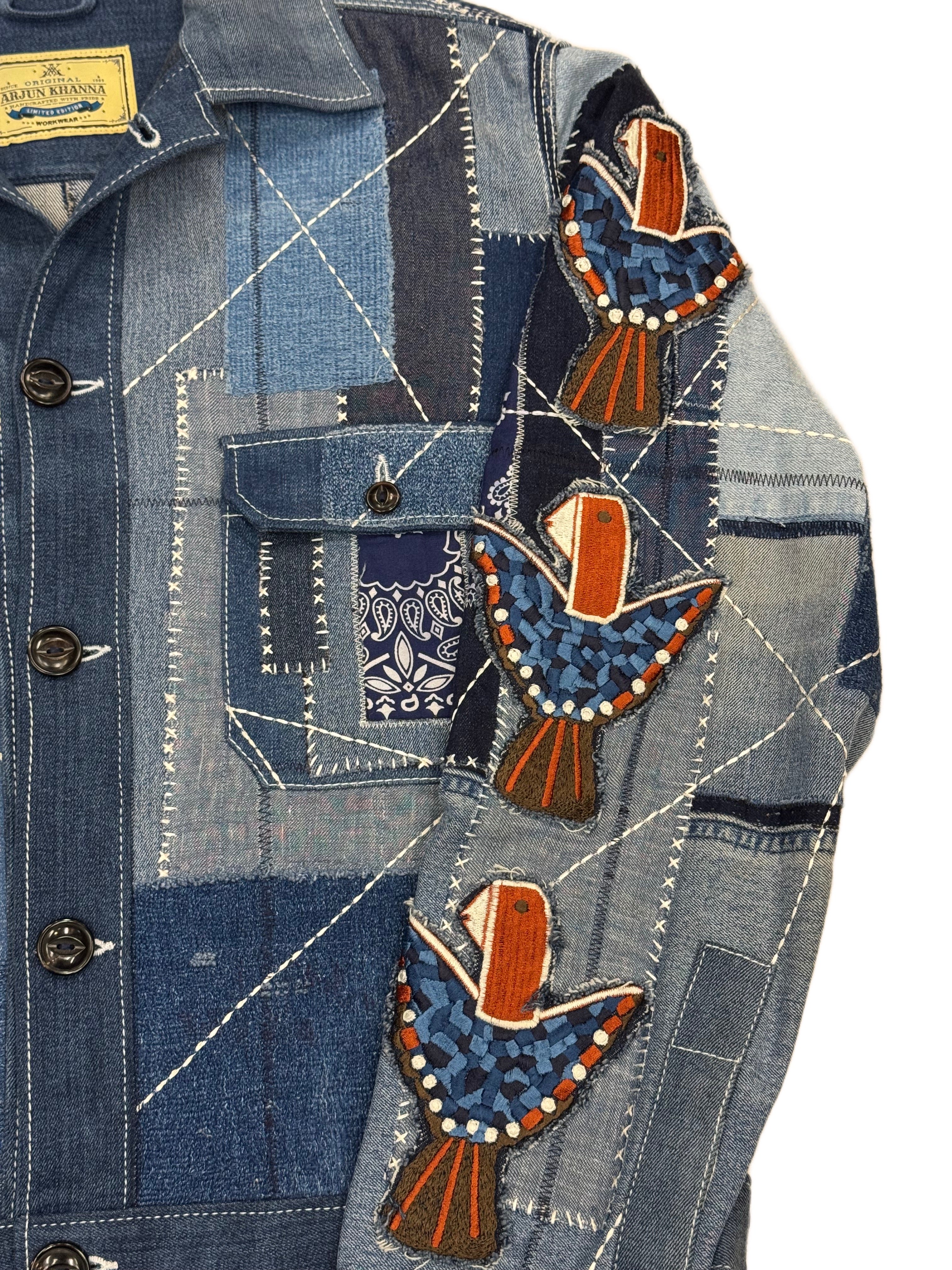AK/PR/LOT3/JKT/049 Patchwork Denim Bomber TruckerJacket with Rust Head Mosaic Poenix - BLUE