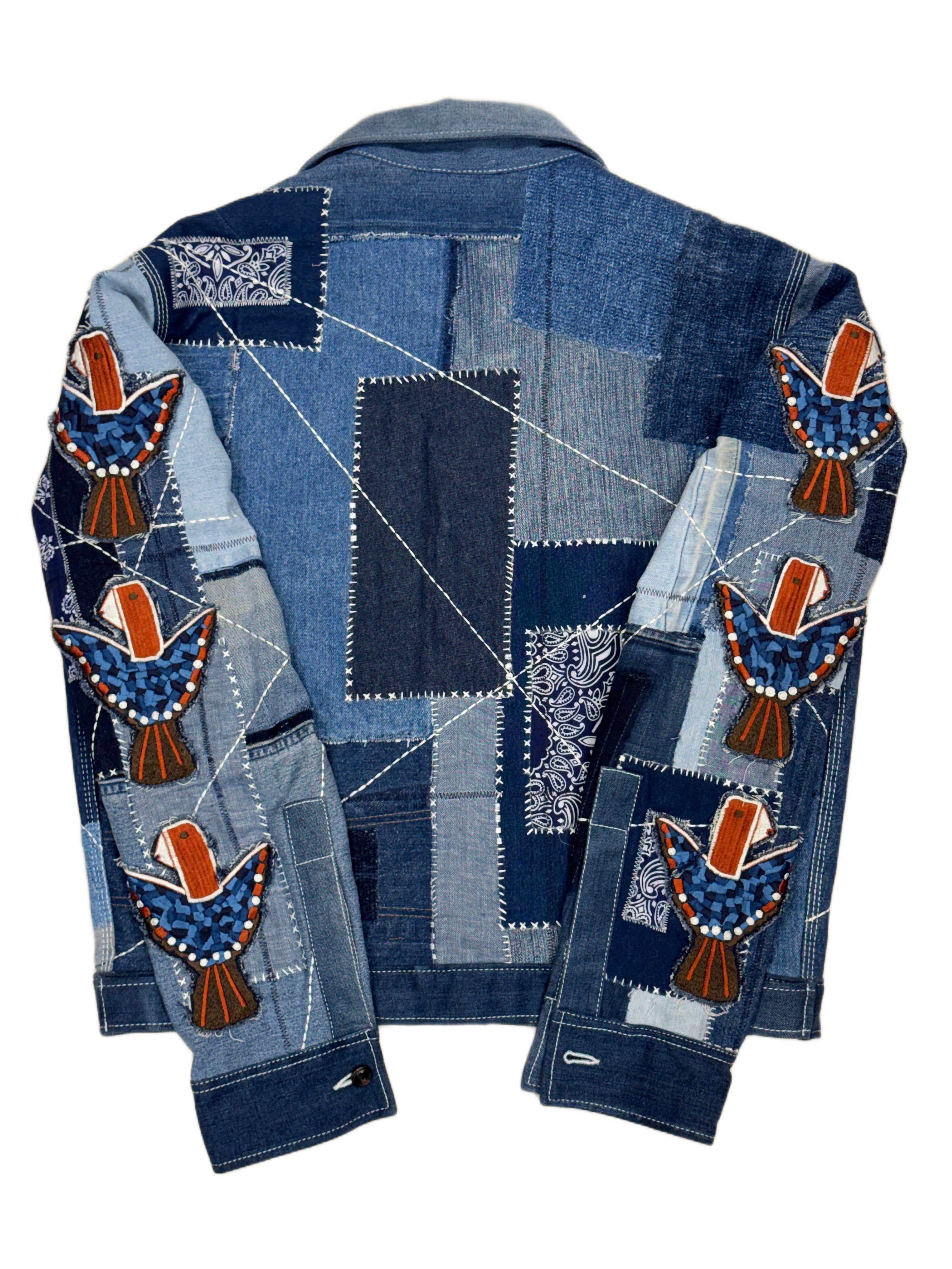 AK/PR/LOT3/JKT/049 Patchwork Denim Bomber TruckerJacket with Rust Head Mosaic Poenix - BLUE