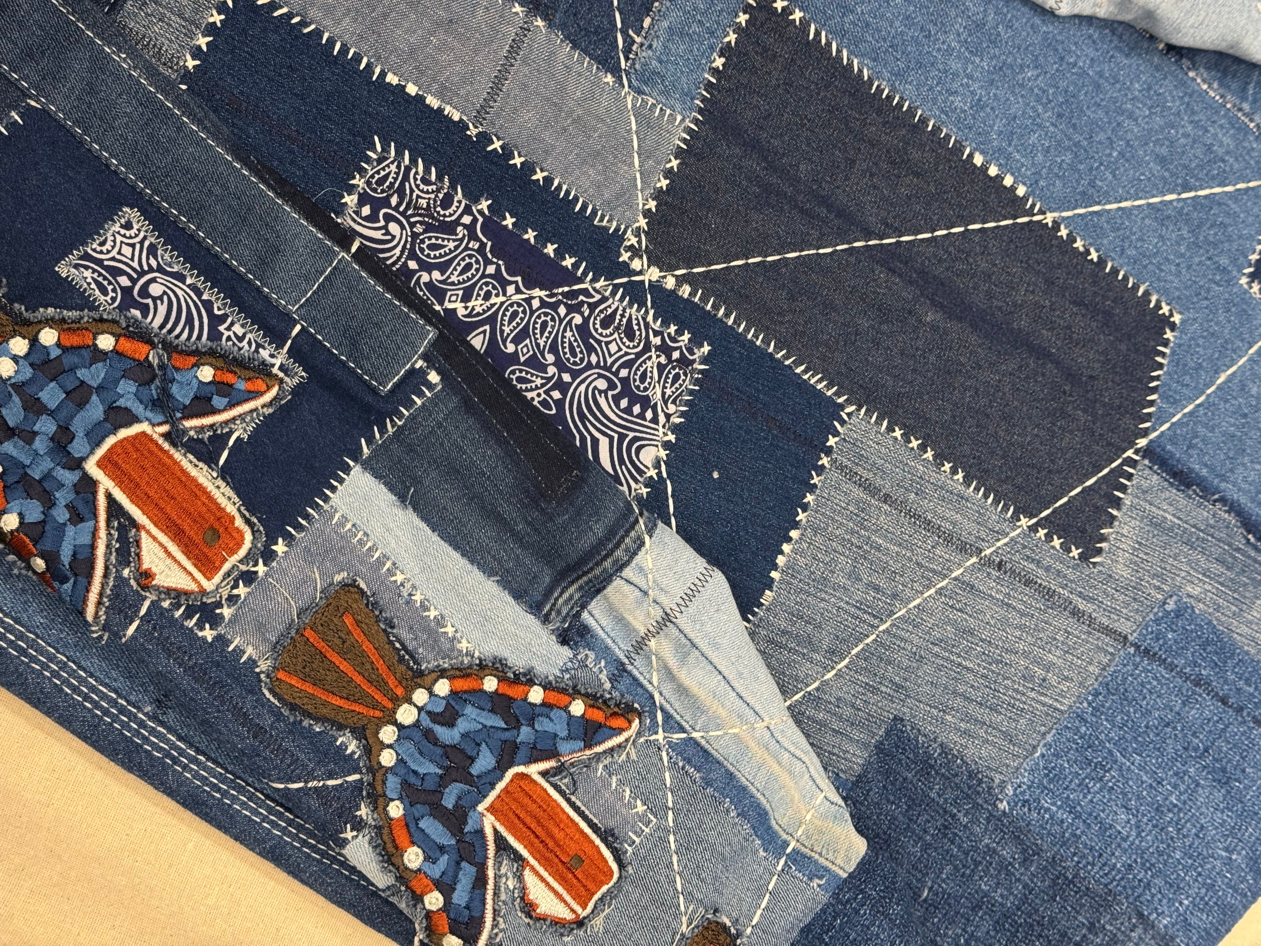 AK/PR/LOT3/JKT/049 Patchwork Denim Bomber TruckerJacket with Rust Head Mosaic Poenix - BLUE