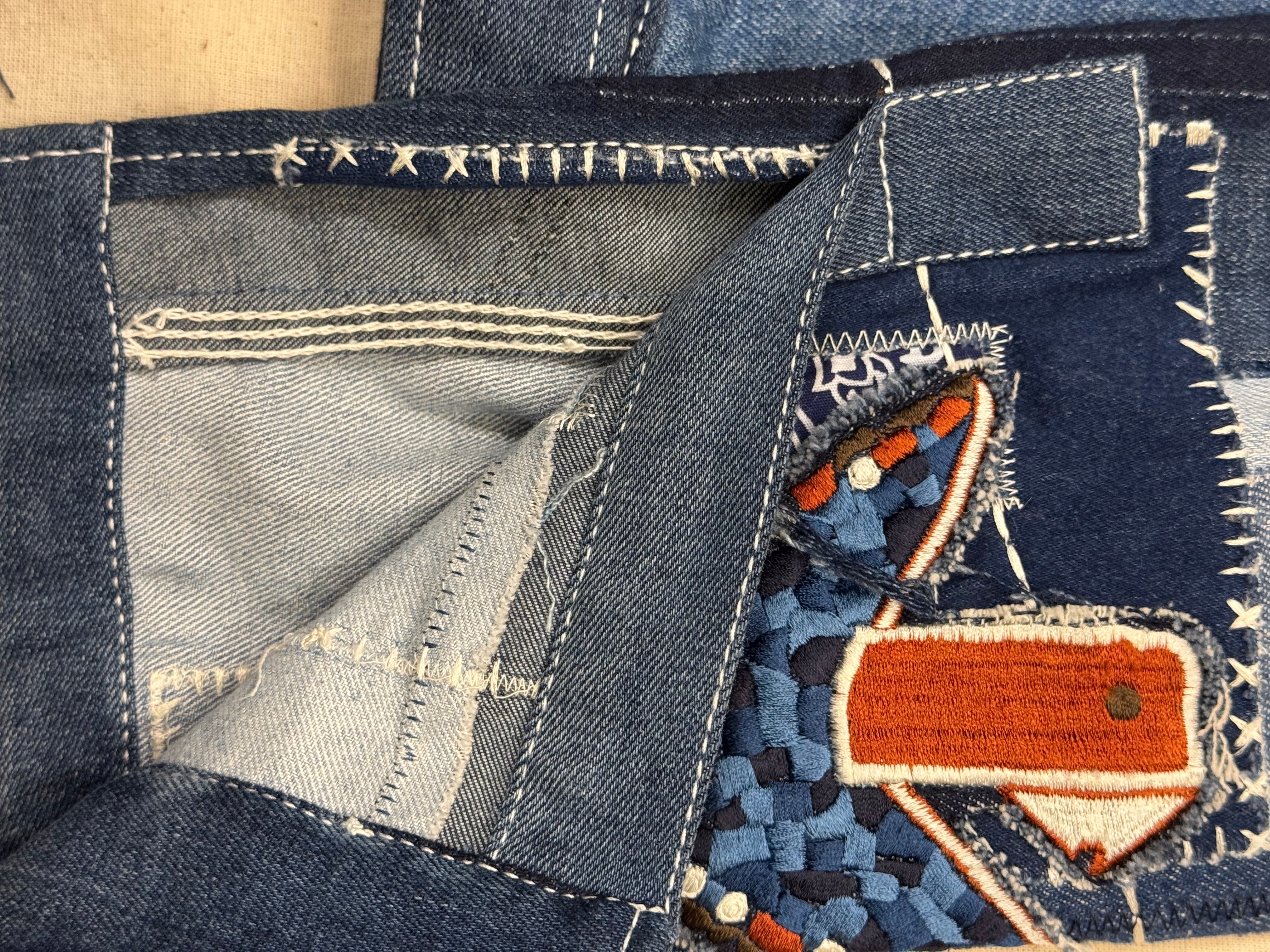 AK/PR/LOT3/JKT/049 Patchwork Denim Bomber TruckerJacket with Rust Head Mosaic Poenix - BLUE