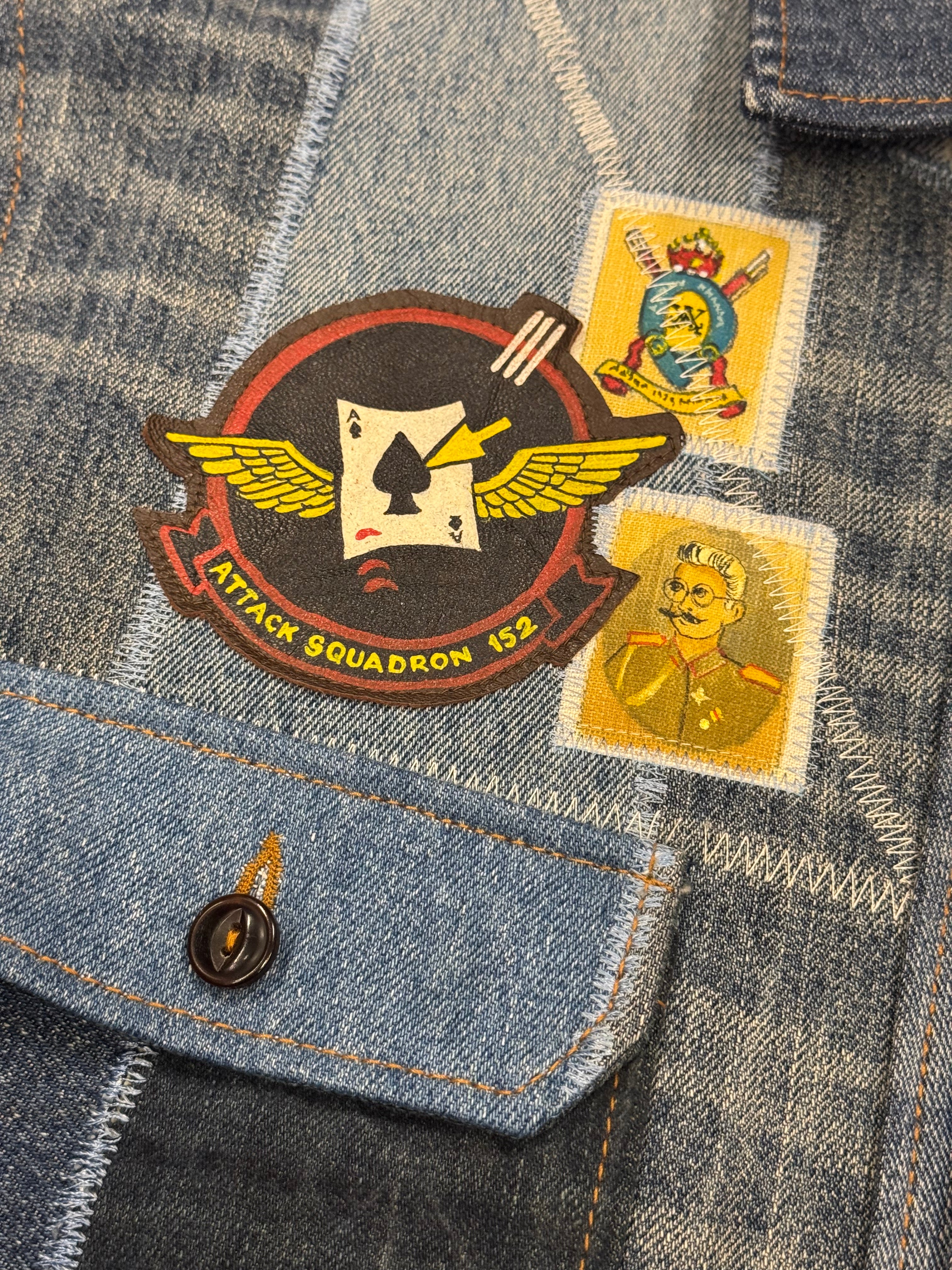 AK/PR/LOT3/JKT/048 Tribal Tiger & Dragon on Patchwork Denim Bomber Trucker Jacket - BLUE