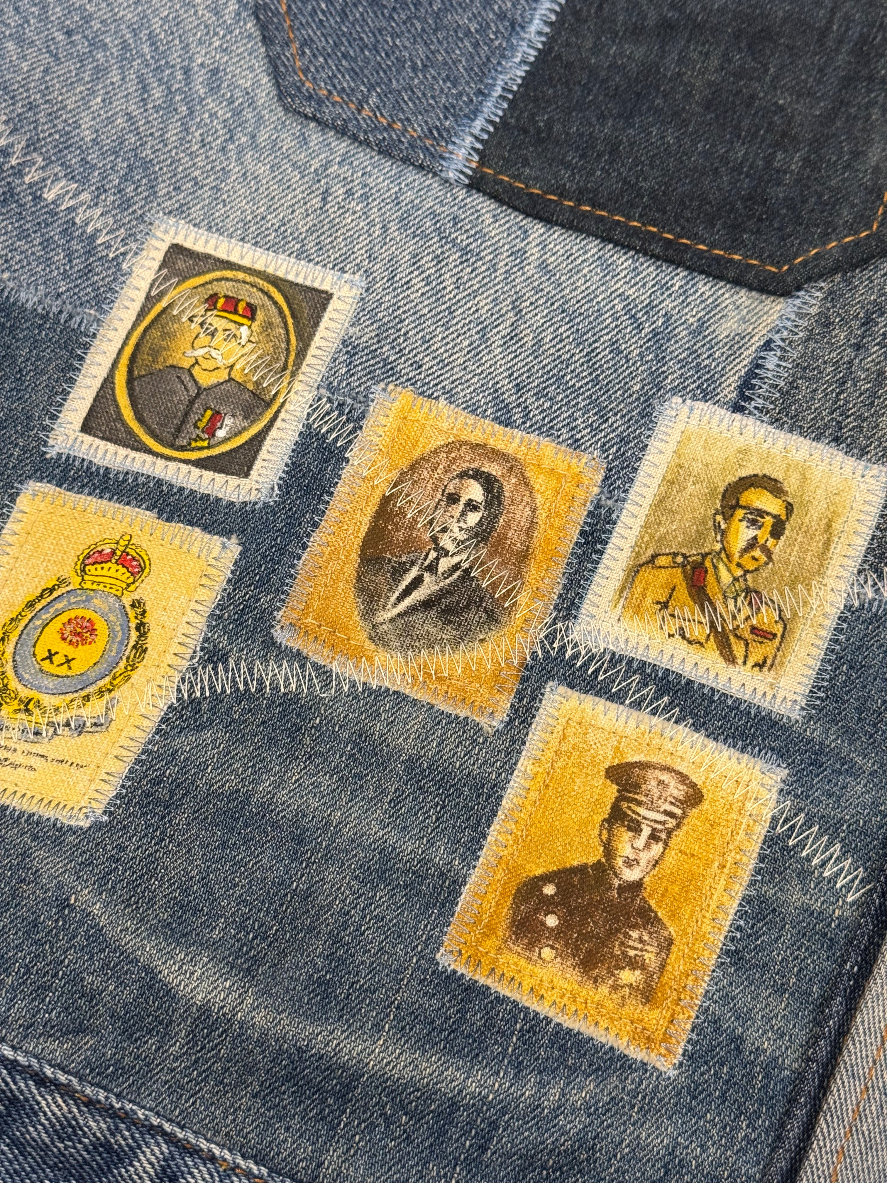 AK/PR/LOT3/JKT/048 Tribal Tiger & Dragon on Patchwork Denim Bomber Trucker Jacket - BLUE