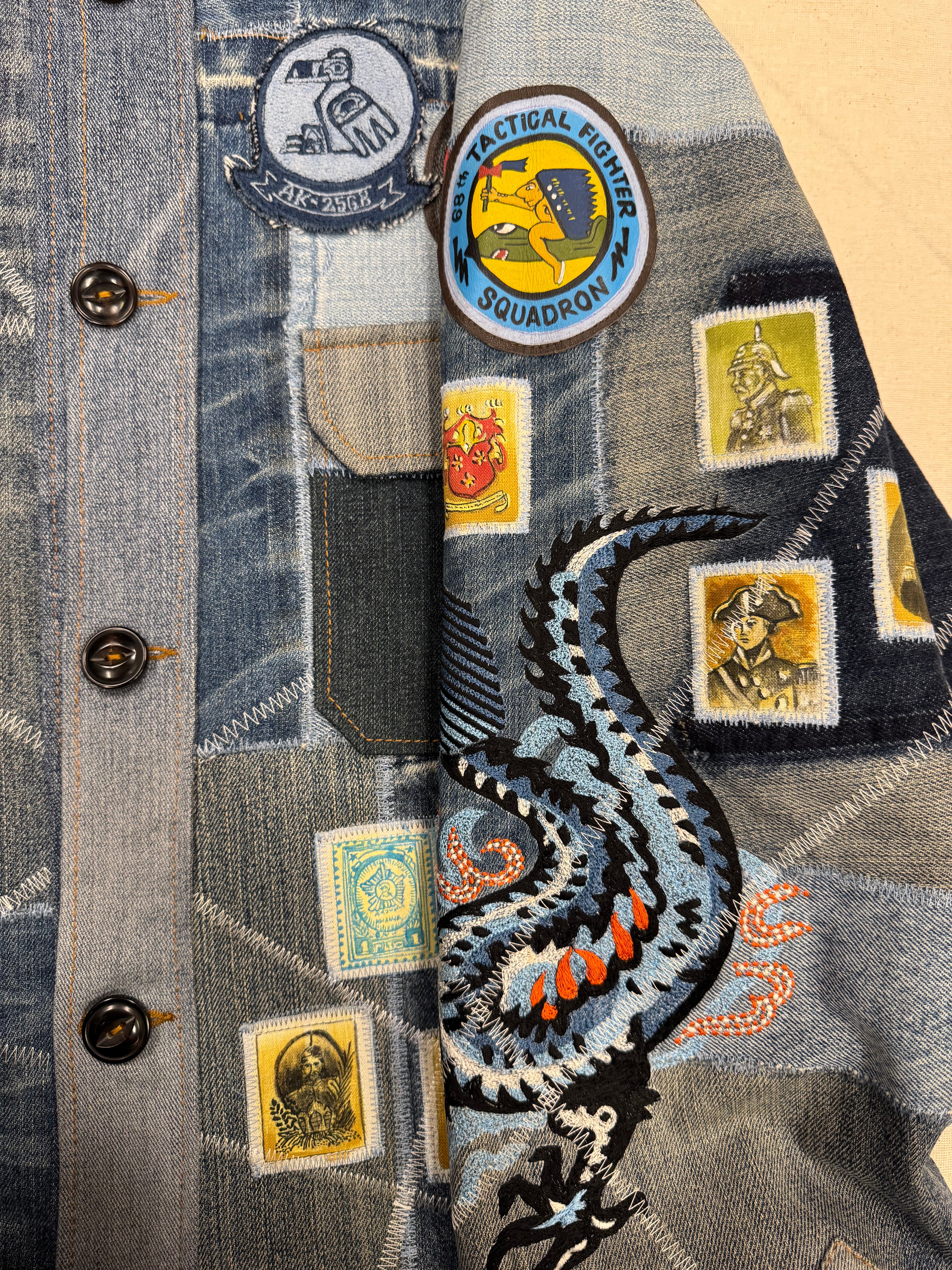 AK/PR/LOT3/JKT/048 Tribal Tiger & Dragon on Patchwork Denim Bomber Trucker Jacket - BLUE