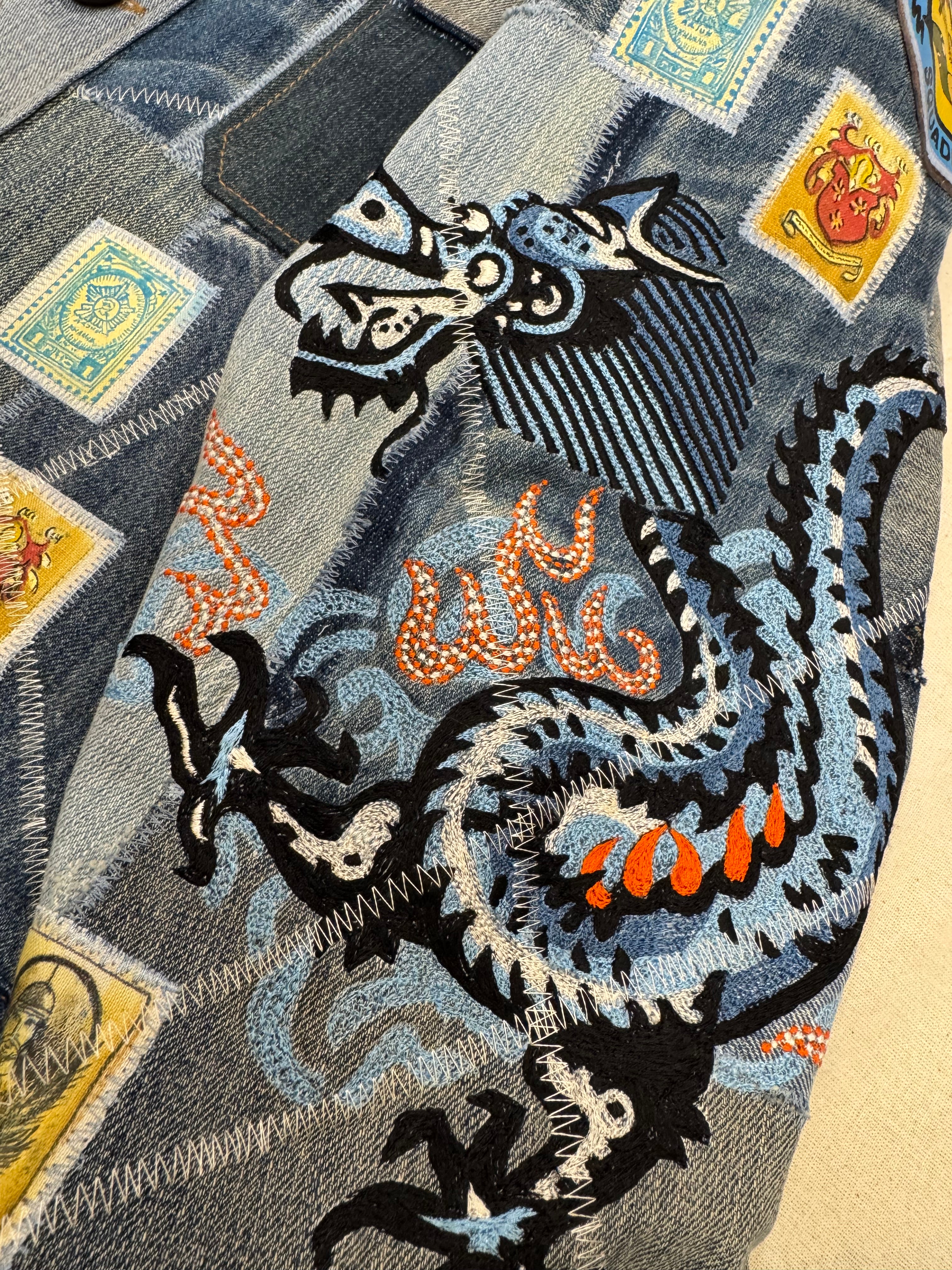 AK/PR/LOT3/JKT/048 Tribal Tiger & Dragon on Patchwork Denim Bomber Trucker Jacket - BLUE