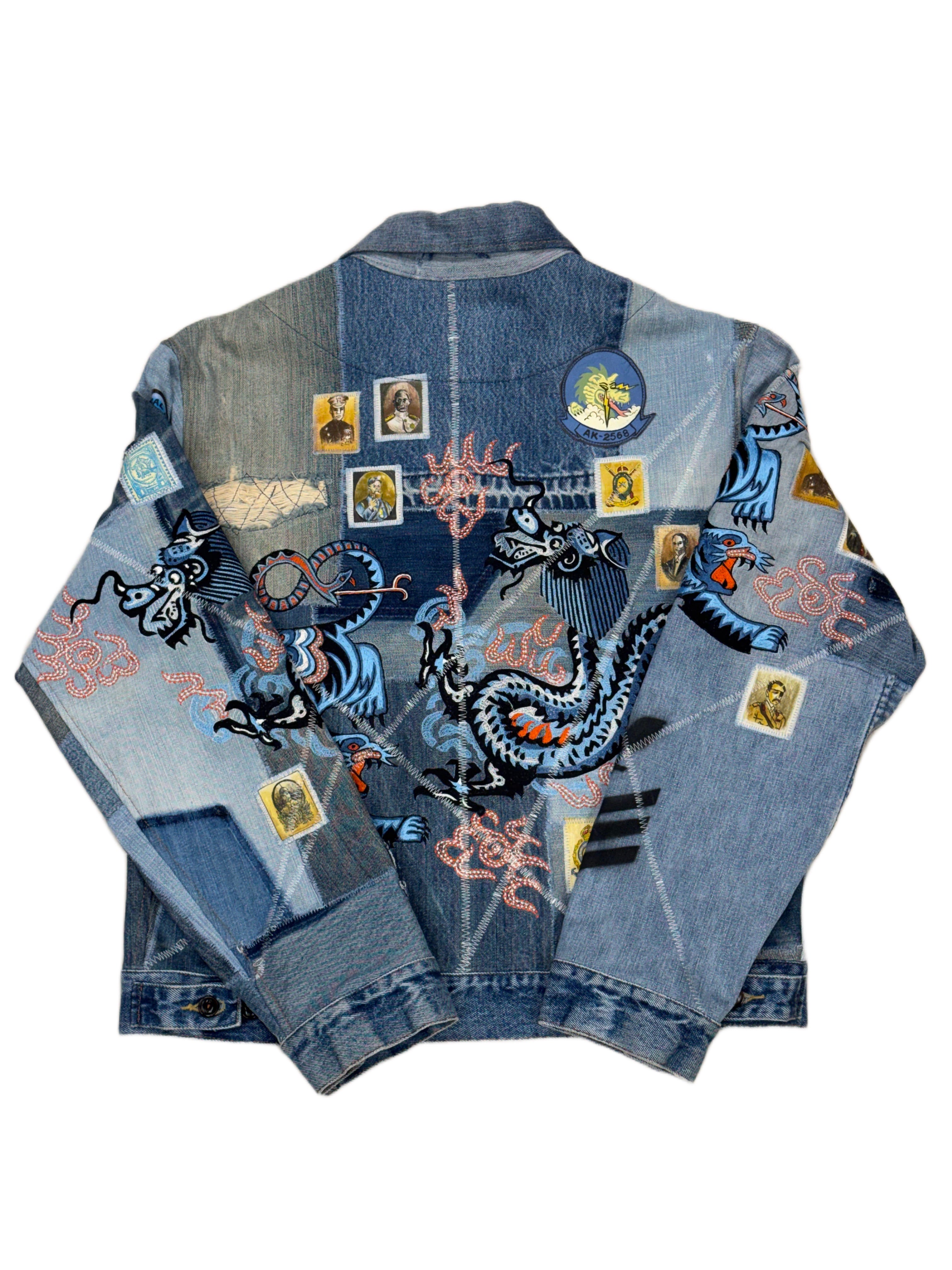 AK/PR/LOT3/JKT/048 Tribal Tiger & Dragon on Patchwork Denim Bomber Trucker Jacket - BLUE