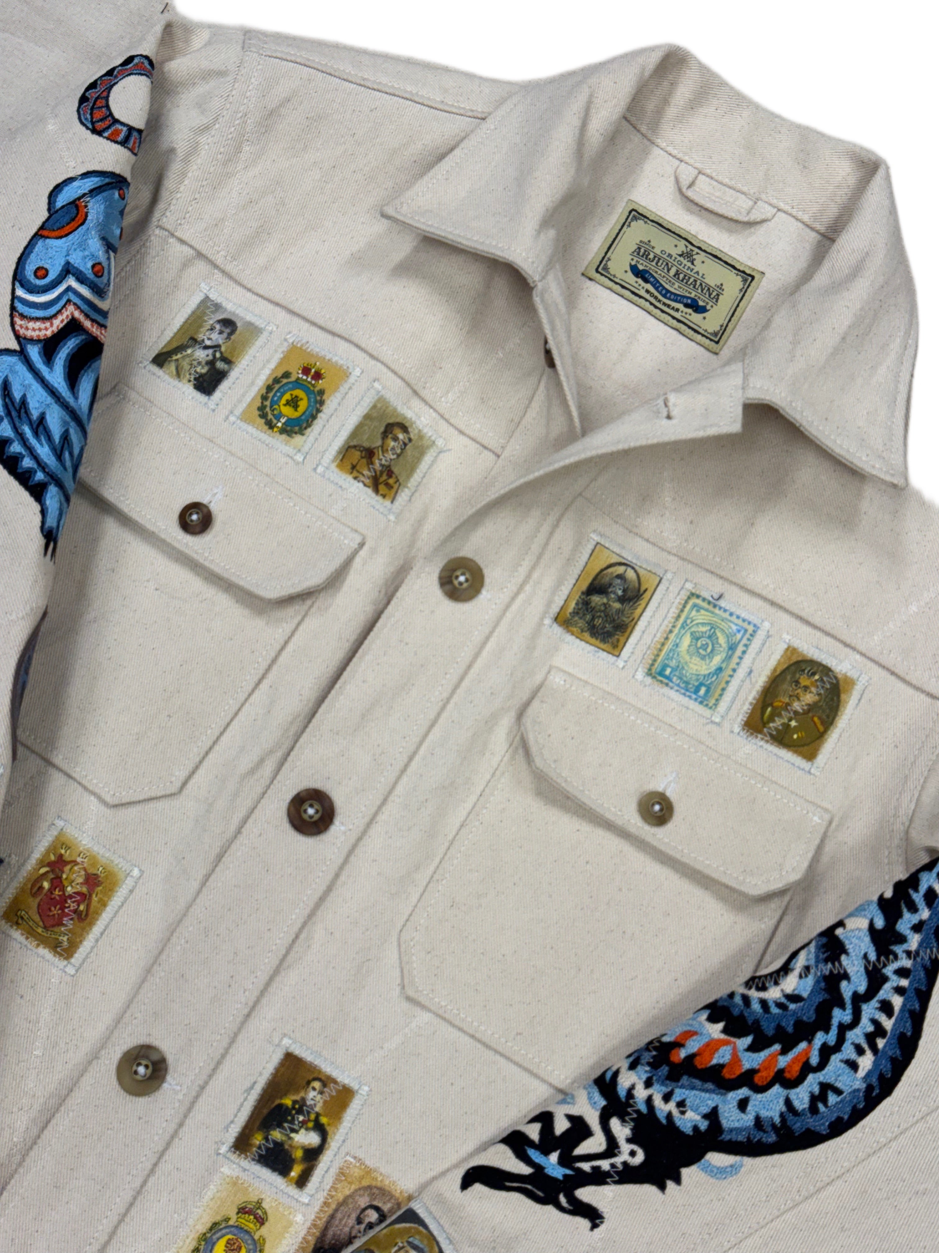 AK/PR/LOT3/JKT/047 Tribal Tiger & Dragon Denim Bomber Trucker Jacket - OFF-WHITE