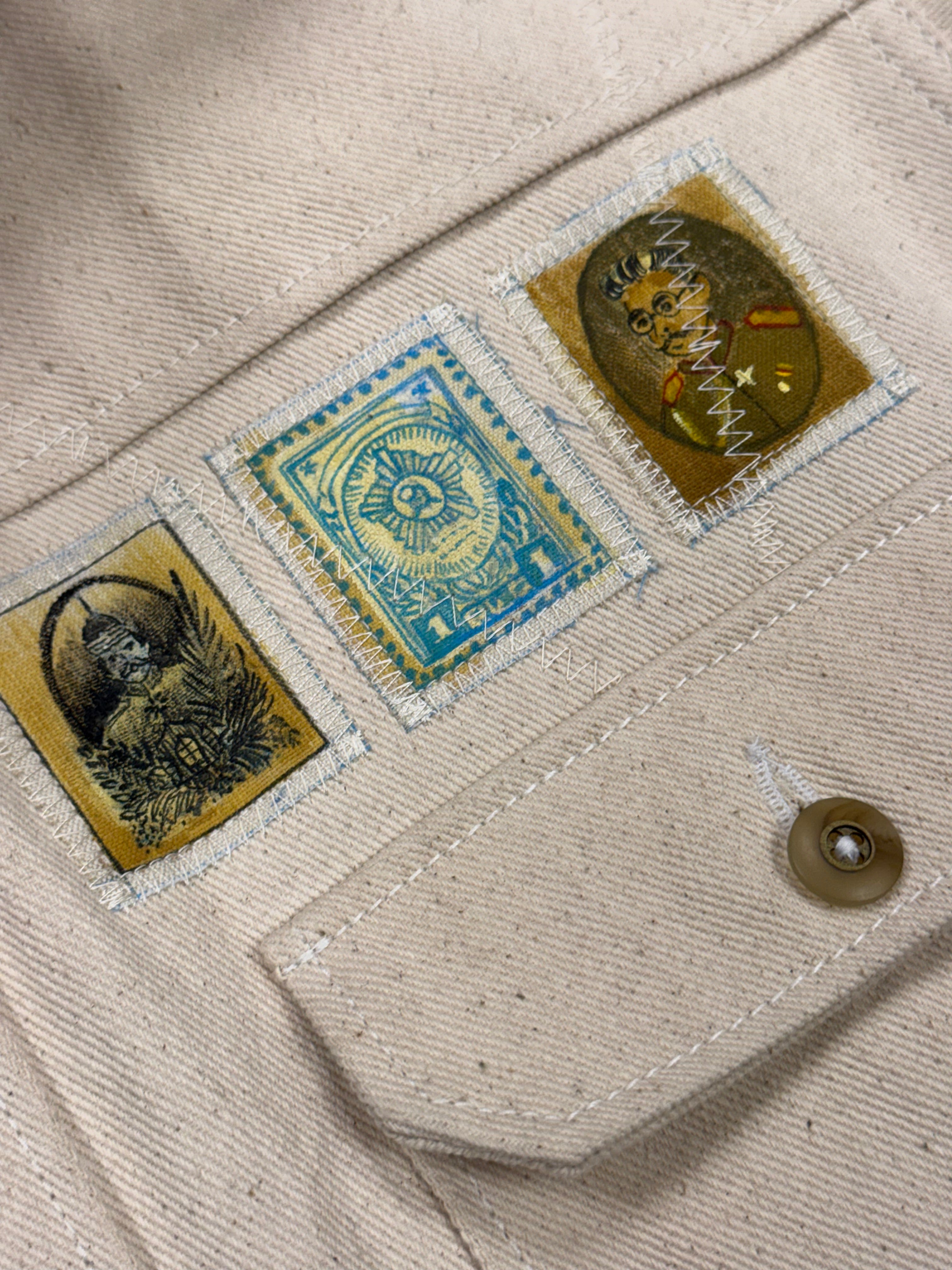 AK/PR/LOT3/JKT/047 Tribal Tiger & Dragon Denim Bomber Trucker Jacket - OFF-WHITE