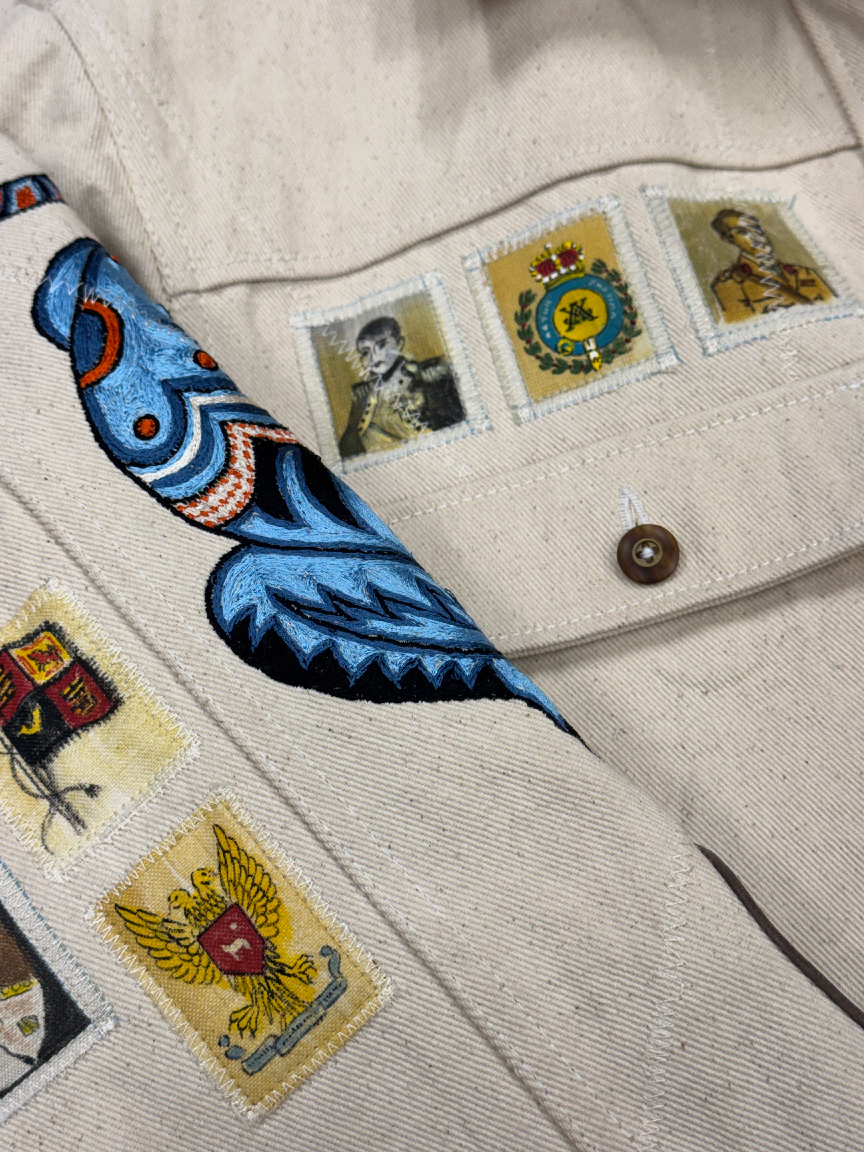 AK/PR/LOT3/JKT/047 Tribal Tiger & Dragon Denim Bomber Trucker Jacket - OFF-WHITE